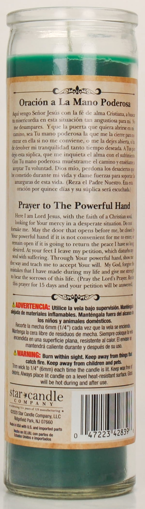 Prayer Candle Helping Hand Green Wax, 8 Inch - Image 2