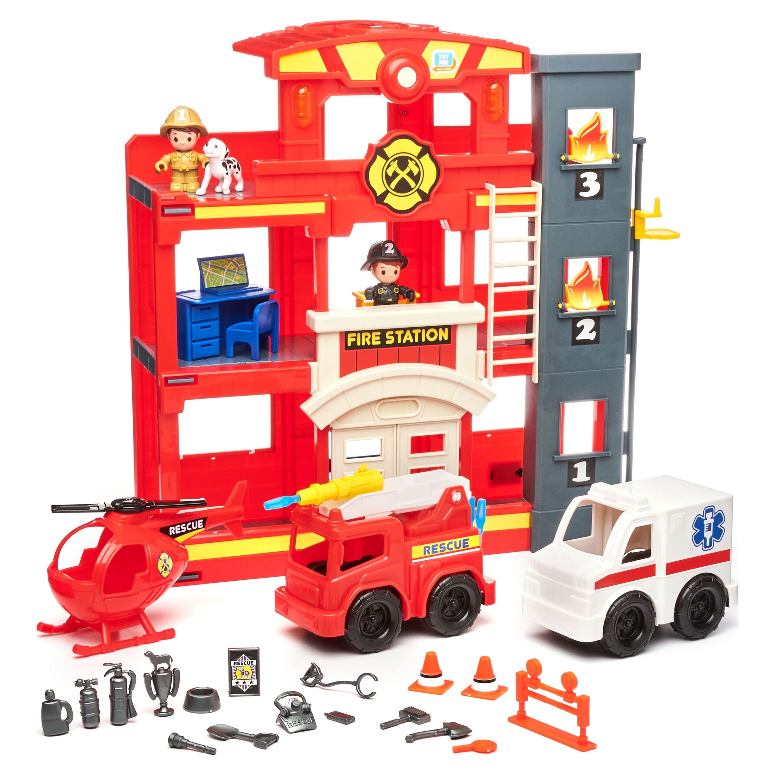 Kid Connection Fire Station Emergency Vehicle Playset with Light & Sound. 31 Pieces, Toddler Toys, Age 3+