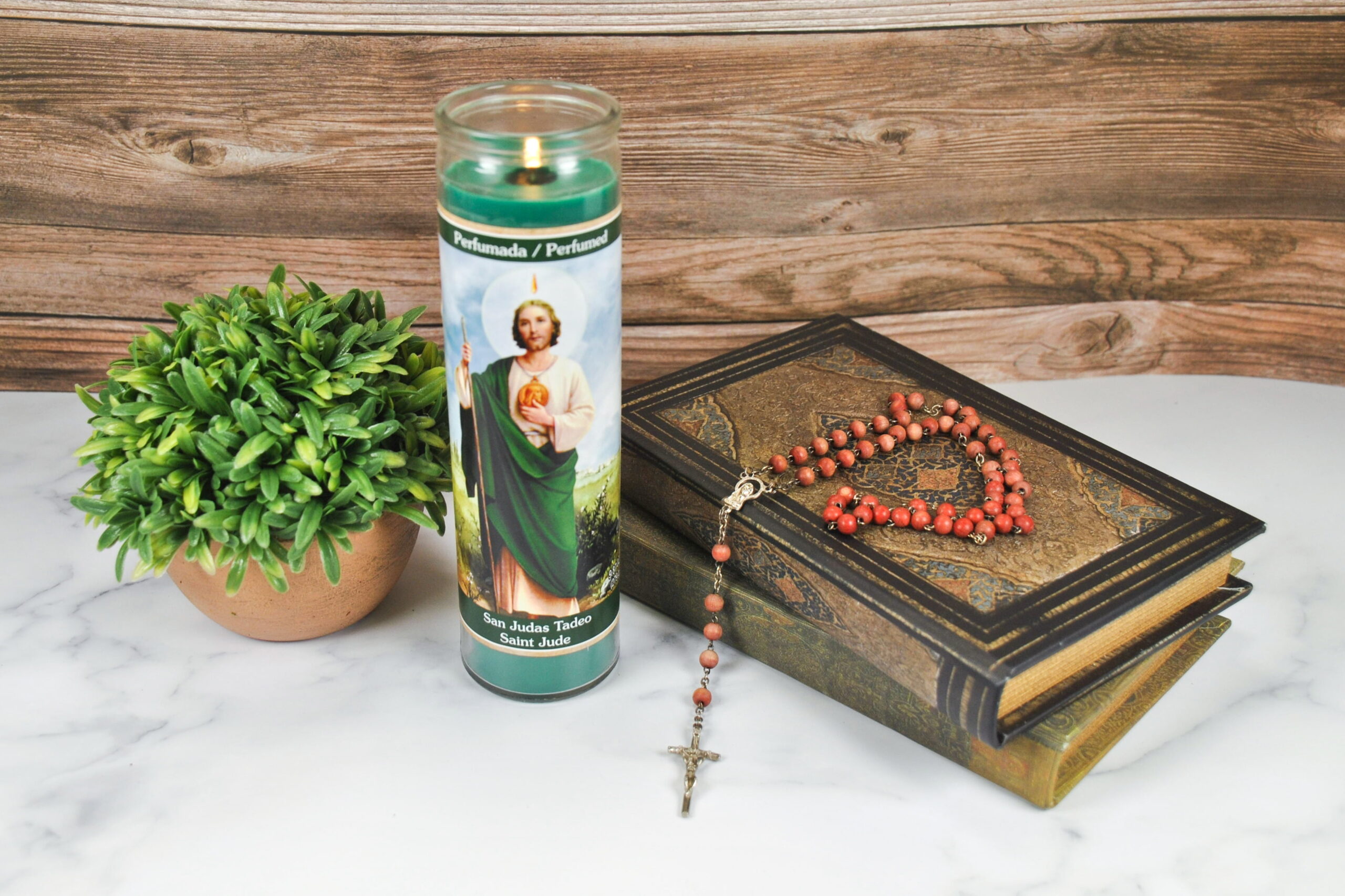 Prayer Candle St Jude Jazmin Scent Green Wax, 8 Inch - Image 5