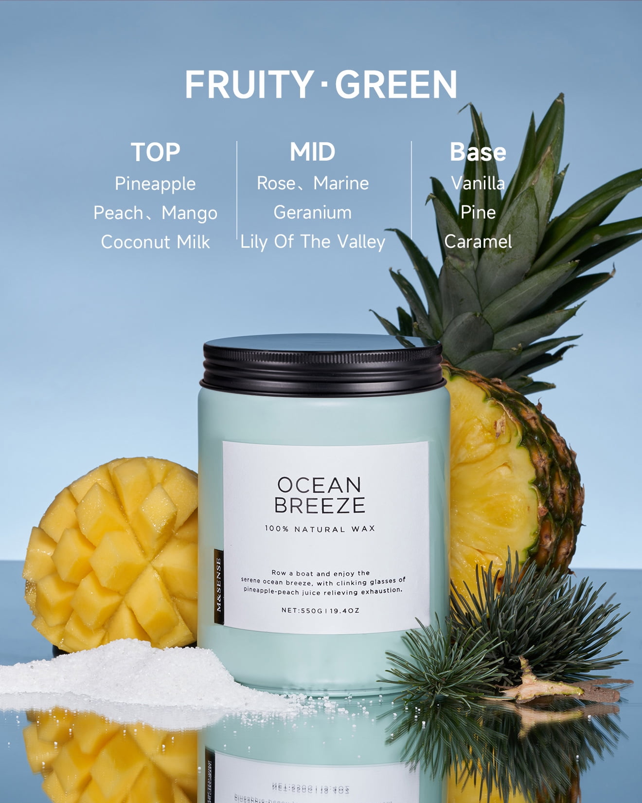 M&SENSE Ocean Breeze Scented Candle, 19.4oz Soy Jar Candle for Home, Large 2 Wick, Up to 110 Hours Burn time, Natural Organic Fragnce - Image 2