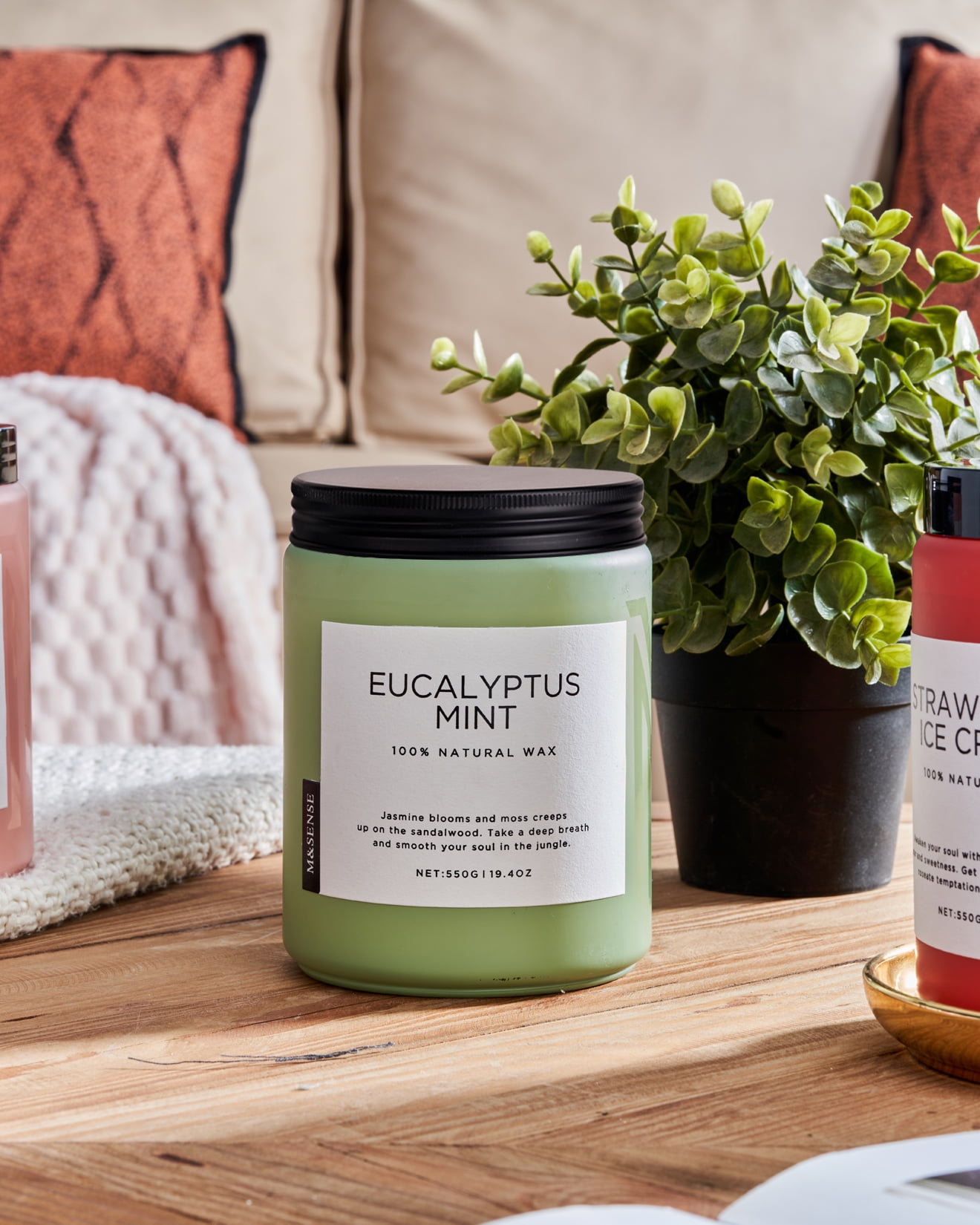 M&SENSE Eucalyptus Mint Scented Candle, 19.4oz Natural Soy Jar Candles for Home, Large 2 Wick, Up to 110 Hours Burn time, Natural Organic Fragrance - Image 3