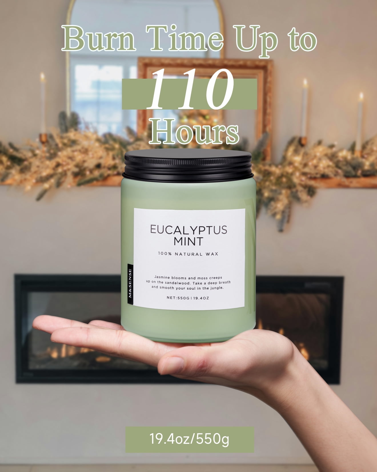 M&SENSE Eucalyptus Mint Scented Candle, 19.4oz Natural Soy Jar Candles for Home, Large 2 Wick, Up to 110 Hours Burn time, Natural Organic Fragrance - Image 5