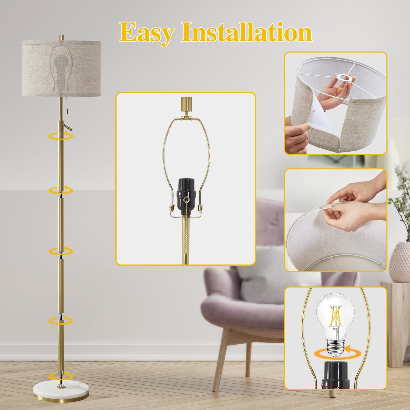NATYSWAN Modern Floor Lamp for Living Room, Adjustable Height Standing Lamp with Marble Base Tall Lamp with Pull Chain Switch Floor Lamps for Living Room, Bedroom & Office Bulbs Not Included (Gold) - Image 6