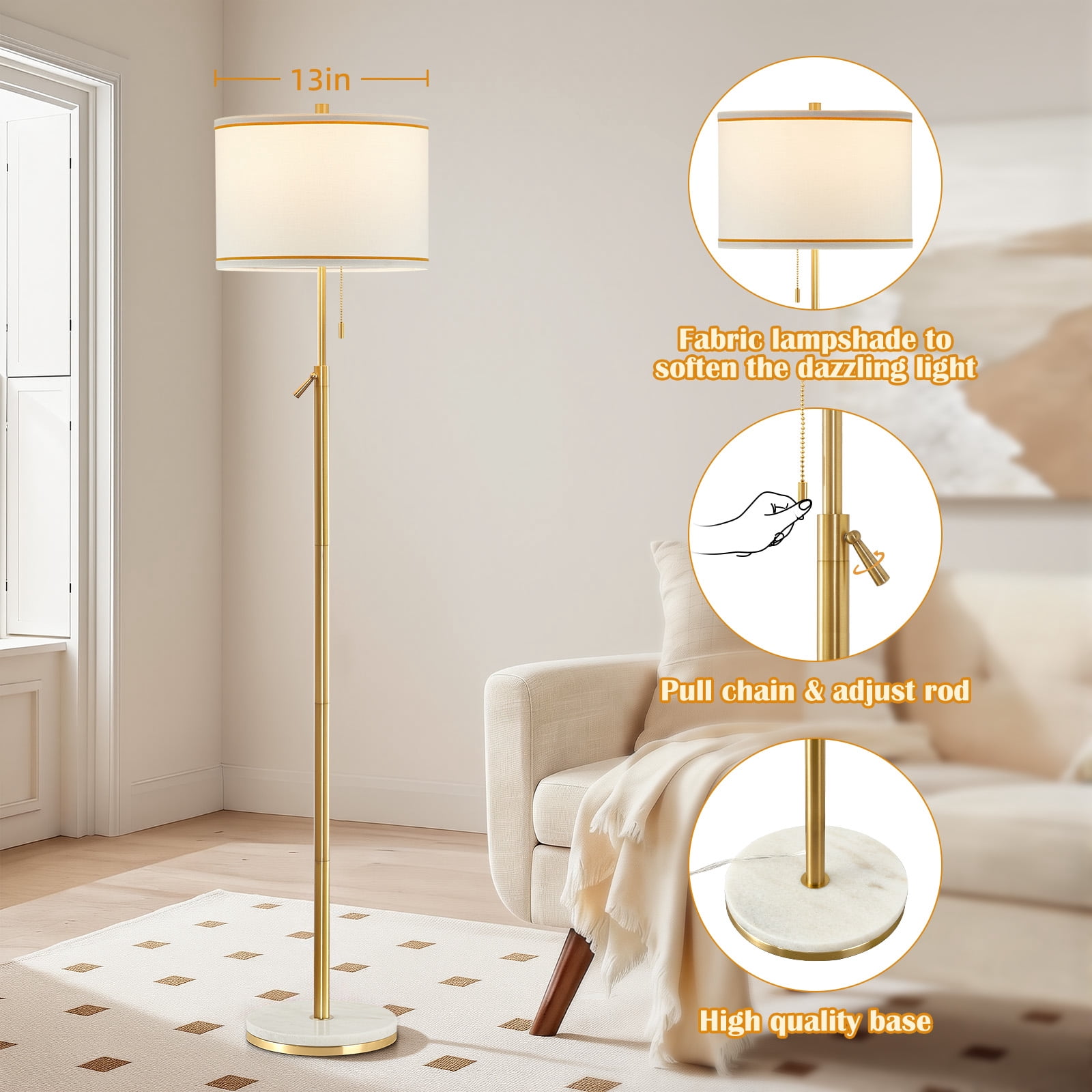 NATYSWAN Modern Floor Lamp for Living Room, Adjustable Height Standing Lamp with Marble Base Tall Lamp with Pull Chain Switch Floor Lamps for Living Room, Bedroom & Office Bulbs Not Included (Gold) - Image 10