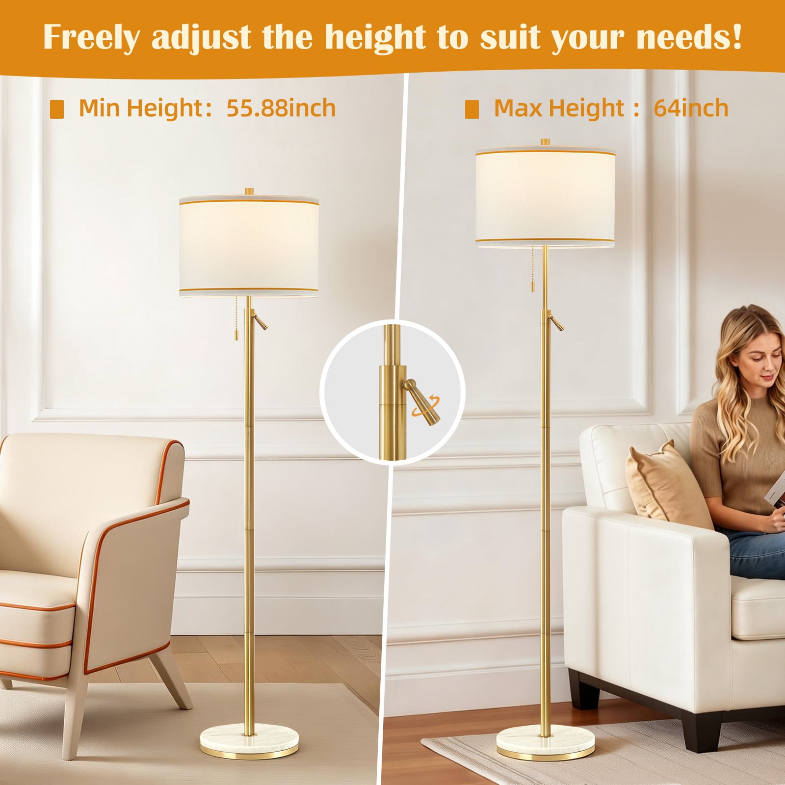 NATYSWAN Modern Floor Lamp for Living Room, Adjustable Height Standing Lamp with Marble Base Tall Lamp with Pull Chain Switch Floor Lamps for Living Room, Bedroom & Office Bulbs Not Included (Gold) - Image 11