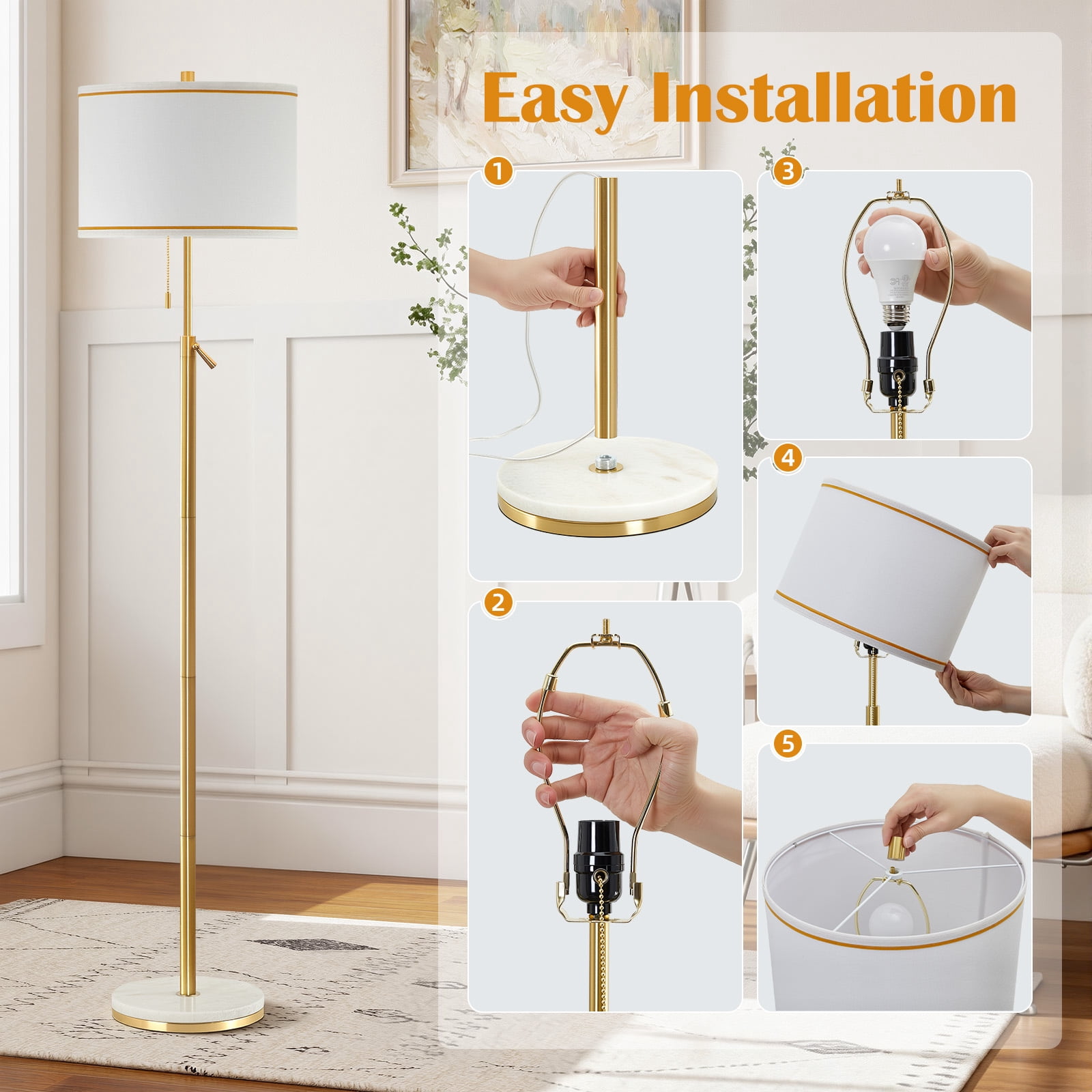 NATYSWAN Modern Floor Lamp for Living Room, Adjustable Height Standing Lamp with Marble Base Tall Lamp with Pull Chain Switch Floor Lamps for Living Room, Bedroom & Office Bulbs Not Included (Gold) - Image 12