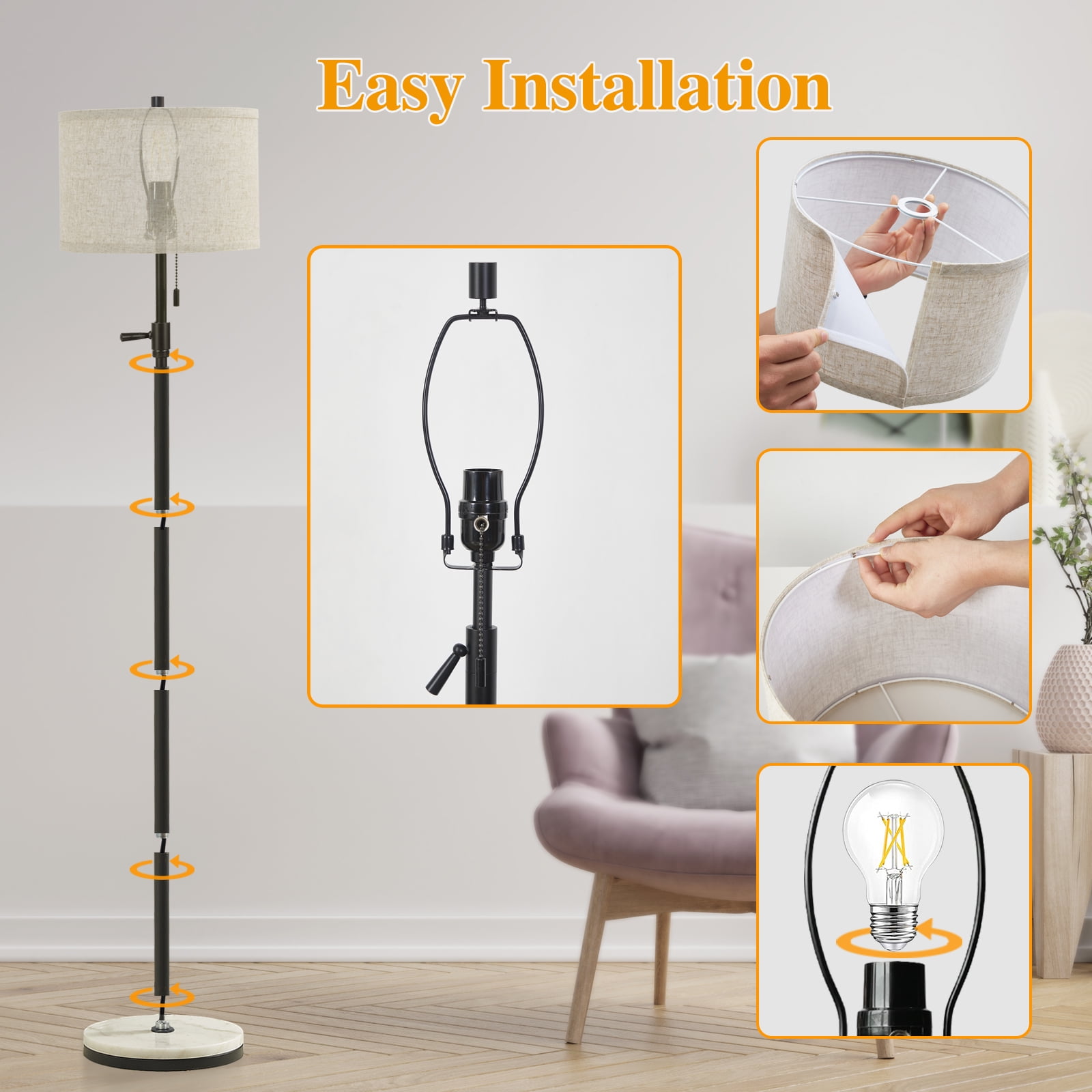 NATYSWAN Modern Floor Lamp for Living Room, Adjustable Height Standing Lamp with Marble Base Tall Lamp with Pull Chain Switch Floor Lamps for Living Room, Bedroom & Office Bulbs Not Included (Gold) - Image 22