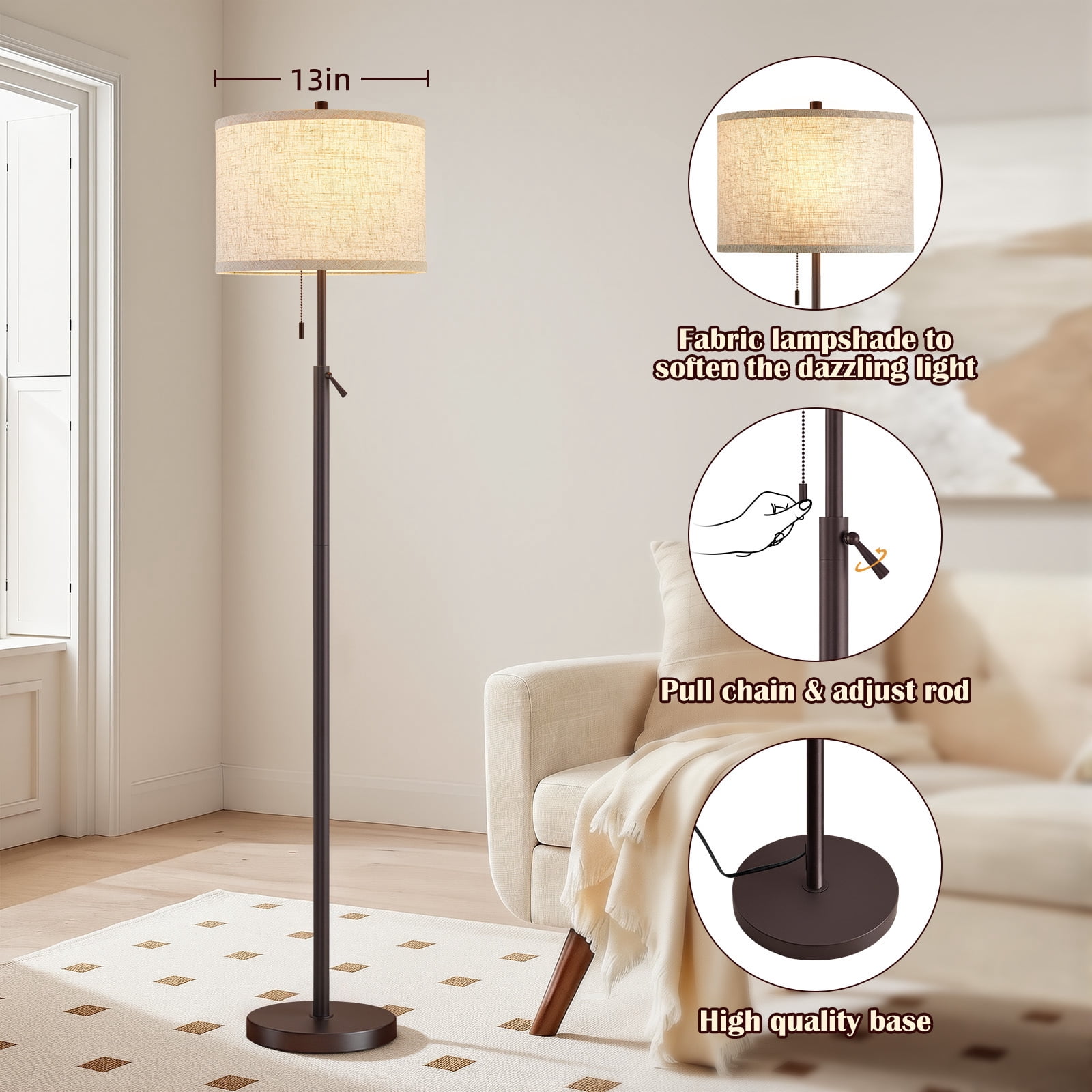 NATYSWAN Modern Floor Lamp for Living Room, Adjustable Height Standing Lamp with Marble Base Tall Lamp with Pull Chain Switch Floor Lamps for Living Room, Bedroom & Office Bulbs Not Included (Gold) - Image 30