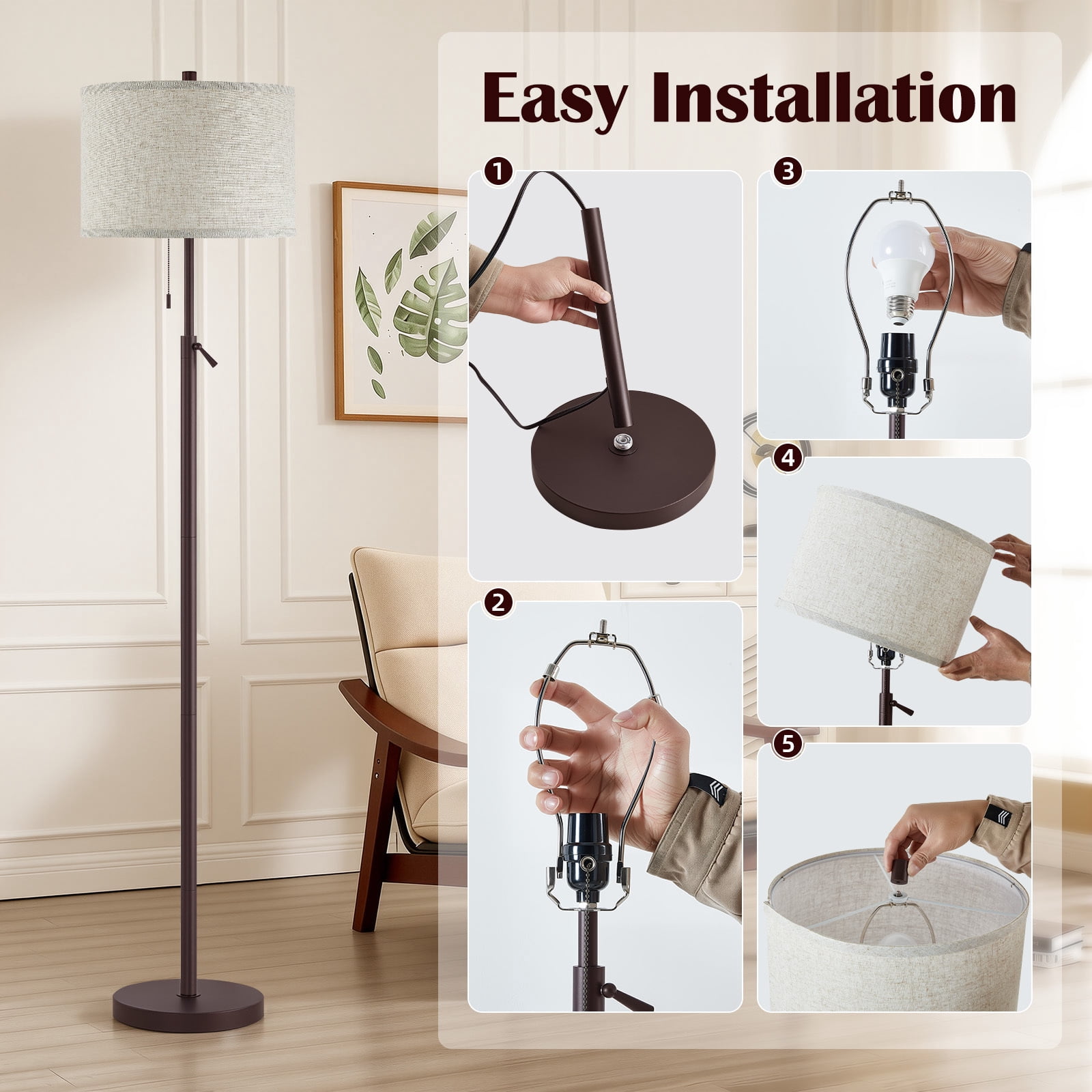 NATYSWAN Modern Floor Lamp for Living Room, Adjustable Height Standing Lamp with Marble Base Tall Lamp with Pull Chain Switch Floor Lamps for Living Room, Bedroom & Office Bulbs Not Included (Gold) - Image 34