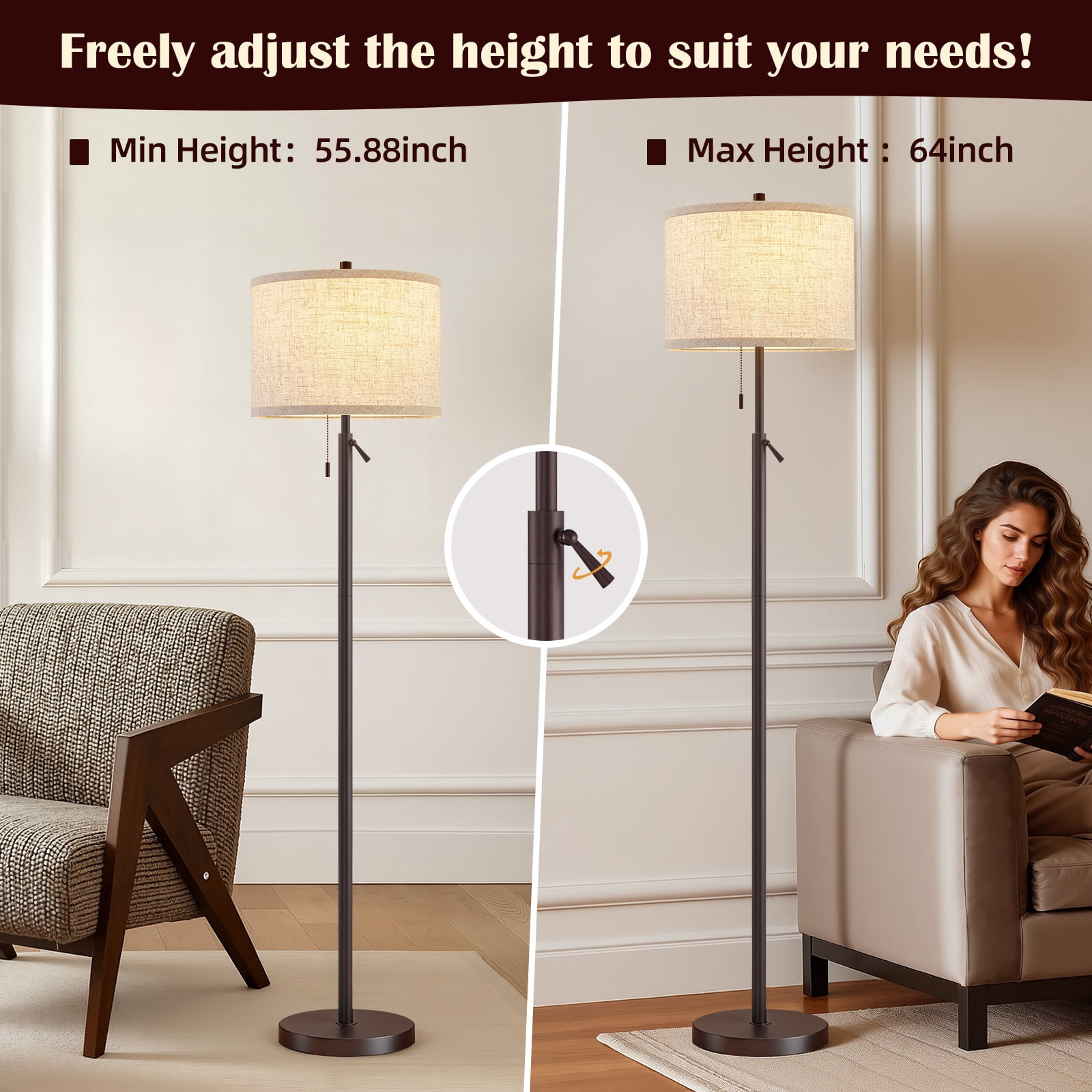NATYSWAN Modern Floor Lamp for Living Room, Adjustable Height Standing Lamp with Marble Base Tall Lamp with Pull Chain Switch Floor Lamps for Living Room, Bedroom & Office Bulbs Not Included (Gold) - Image 35