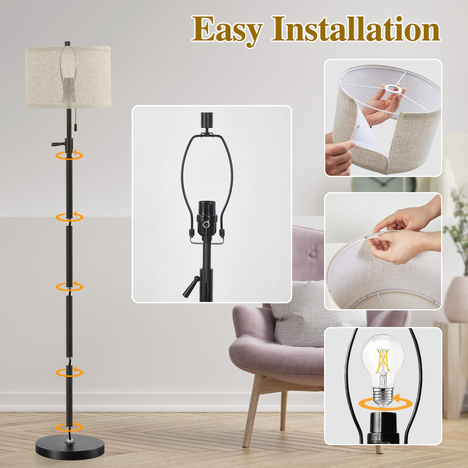 NATYSWAN Modern Floor Lamp for Living Room, Adjustable Height Standing Lamp with Marble Base Tall Lamp with Pull Chain Switch Floor Lamps for Living Room, Bedroom & Office Bulbs Not Included (Gold) - Image 38