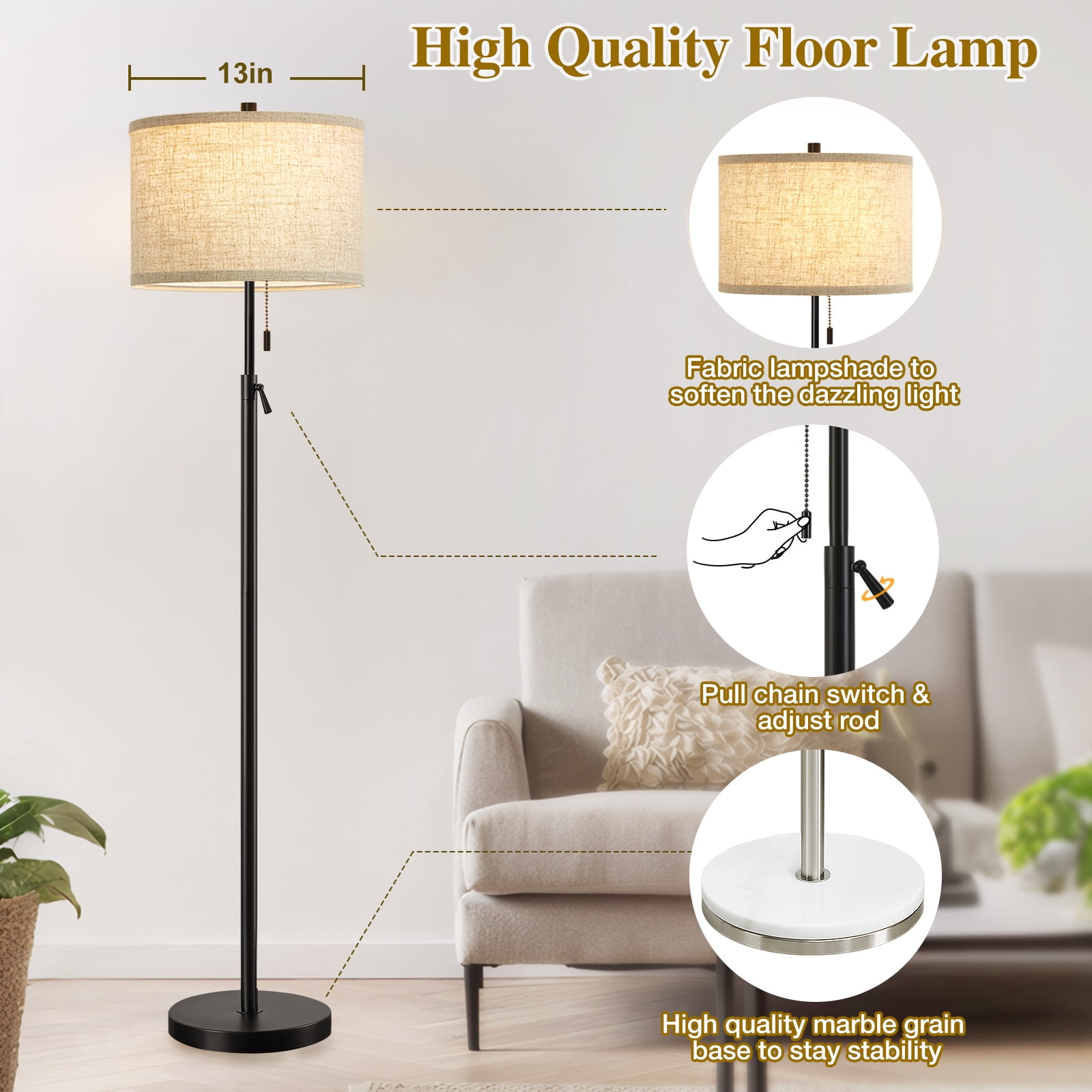 NATYSWAN Modern Floor Lamp for Living Room, Adjustable Height Standing Lamp with Marble Base Tall Lamp with Pull Chain Switch Floor Lamps for Living Room, Bedroom & Office Bulbs Not Included (Gold) - Image 39