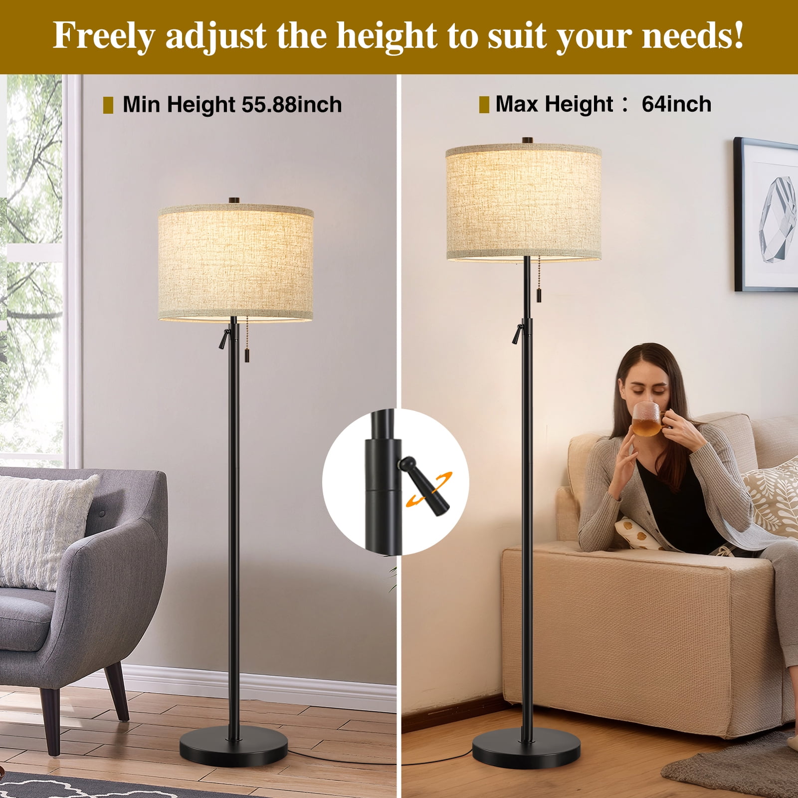 NATYSWAN Modern Floor Lamp for Living Room, Adjustable Height Standing Lamp with Marble Base Tall Lamp with Pull Chain Switch Floor Lamps for Living Room, Bedroom & Office Bulbs Not Included (Gold) - Image 40