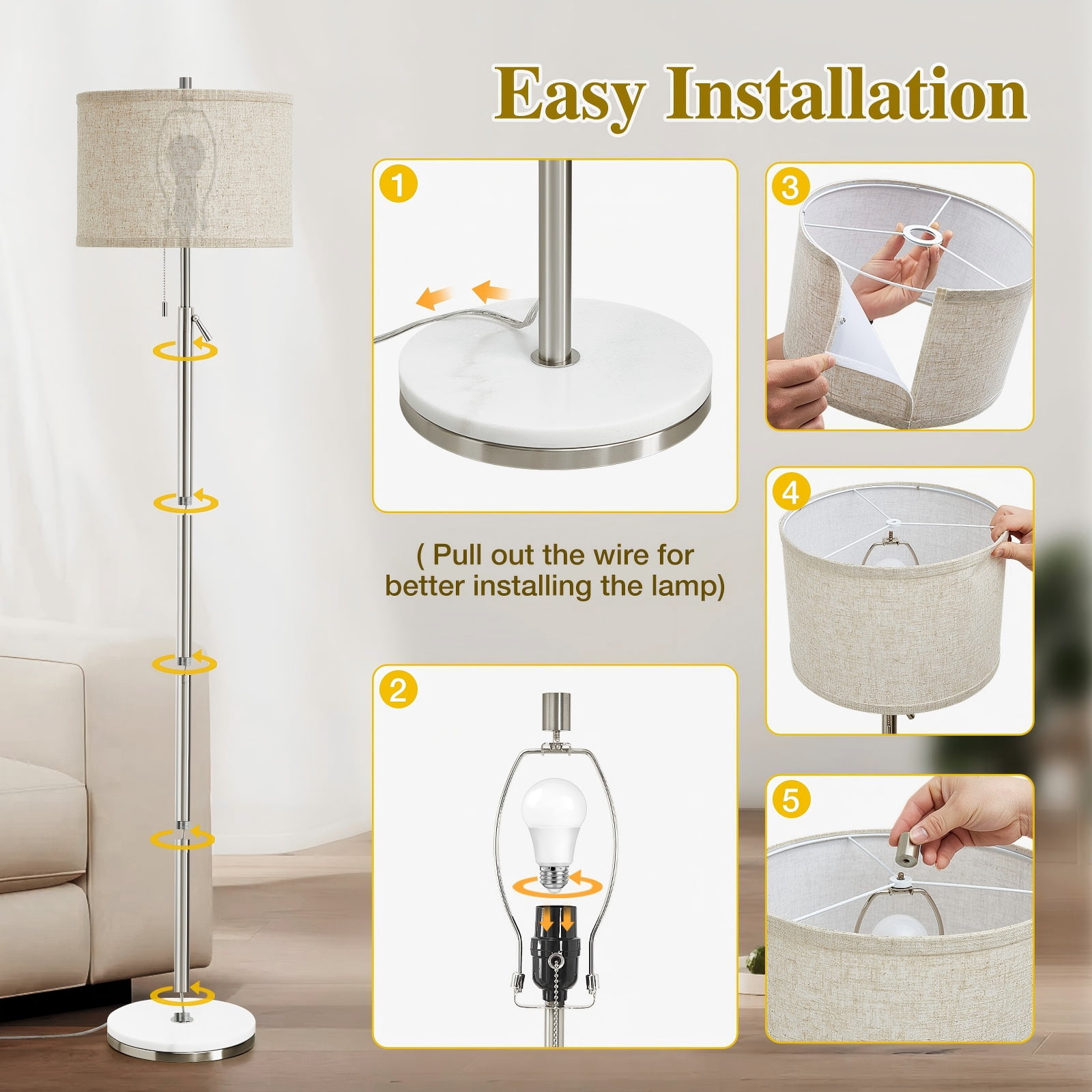 NATYSWAN Modern Floor Lamp for Living Room, Adjustable Height Standing Lamp with Marble Base Tall Lamp with Pull Chain Switch Floor Lamps for Living Room, Bedroom & Office Bulbs Not Included (Gold) - Image 50