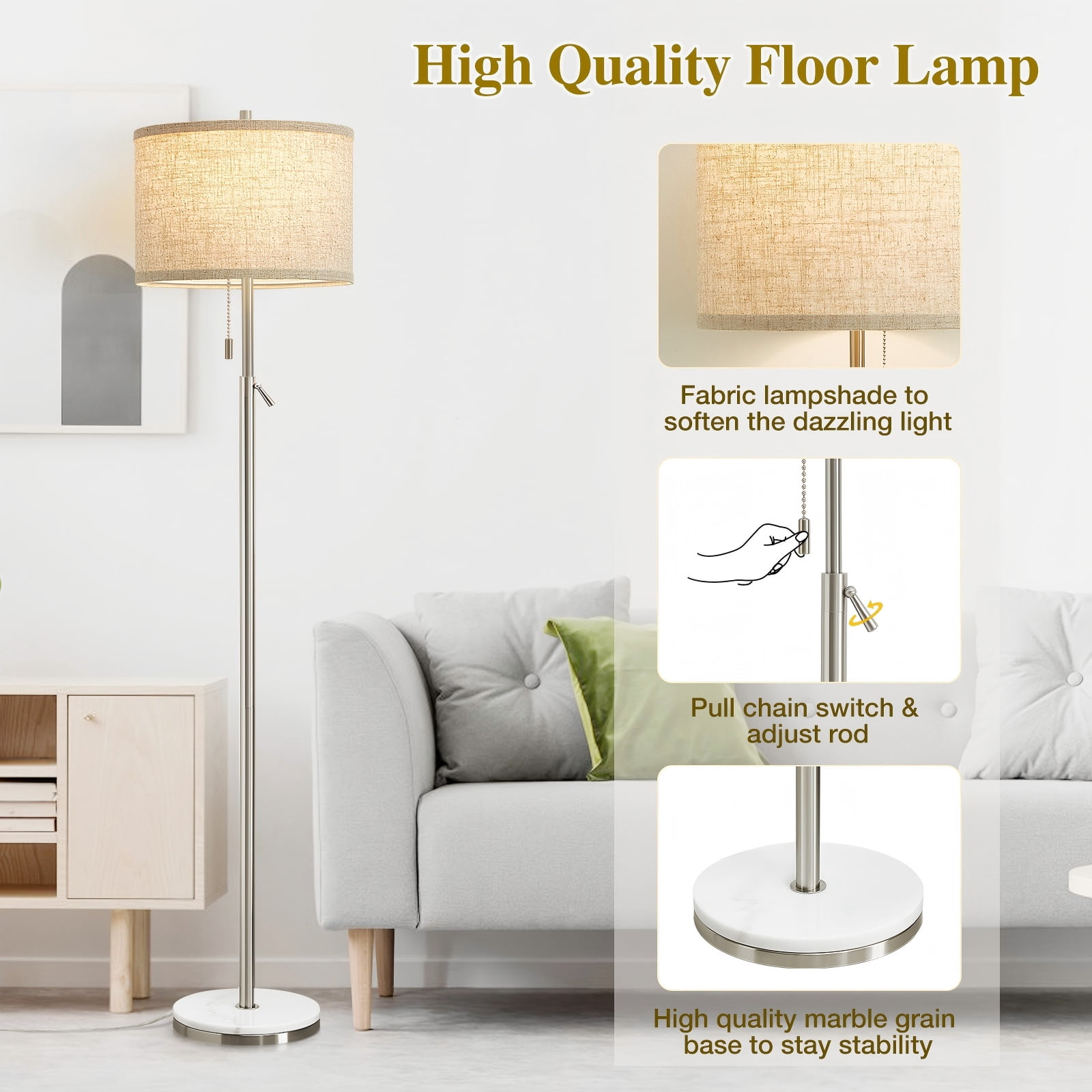 NATYSWAN Modern Floor Lamp for Living Room, Adjustable Height Standing Lamp with Marble Base Tall Lamp with Pull Chain Switch Floor Lamps for Living Room, Bedroom & Office Bulbs Not Included (Gold) - Image 51
