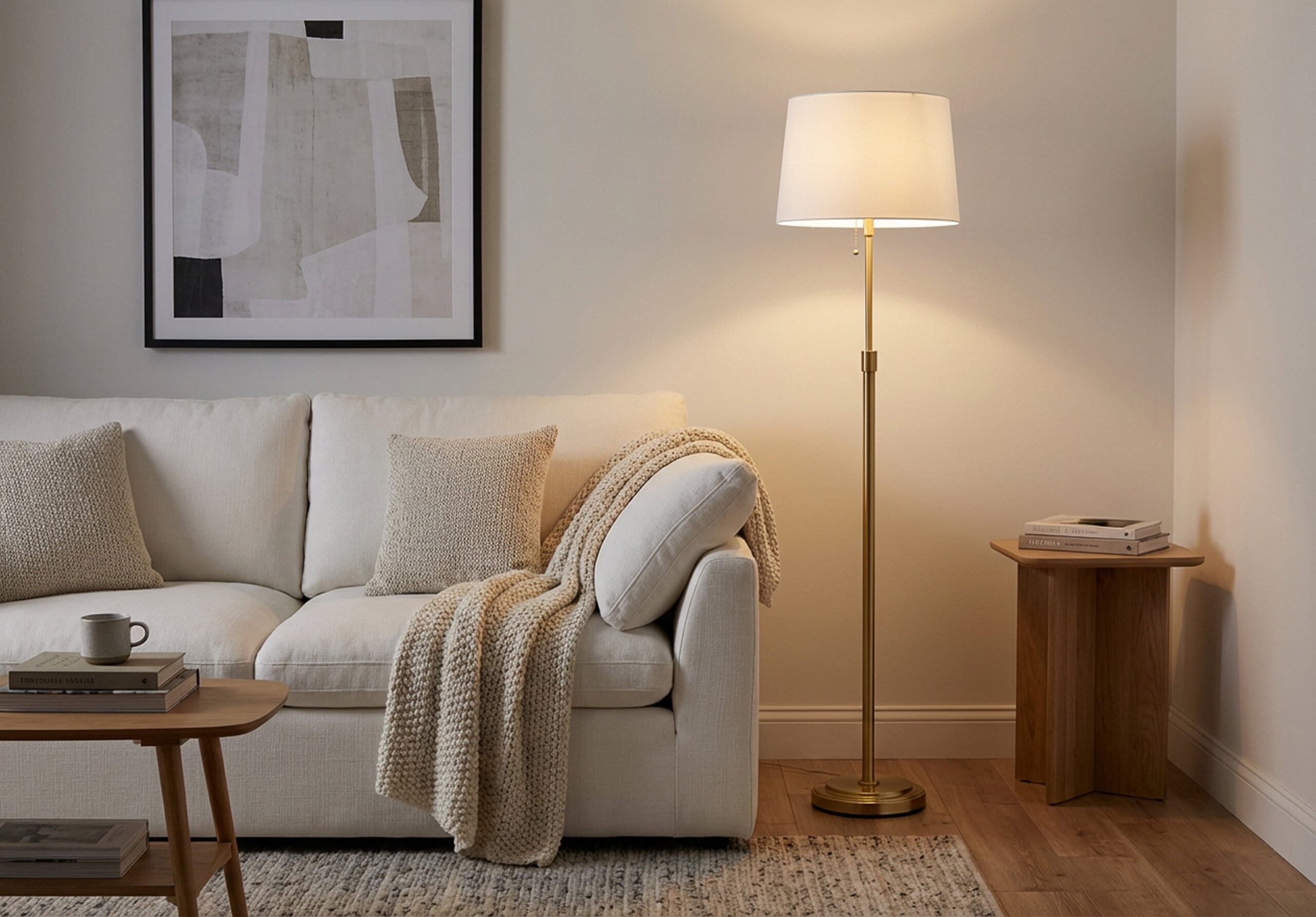 Mainstays Floor Lamp 59.5" Gold Stick Floor Lamp with White Fabric Shade - Image 5