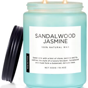 M&SENSE Sandalwood Jasmine Scented Candle, 19.4oz Soy Jar Candles for Home, Large 2 Wick, Up to 110 Hours Burn time, Natural Organic Fragrance