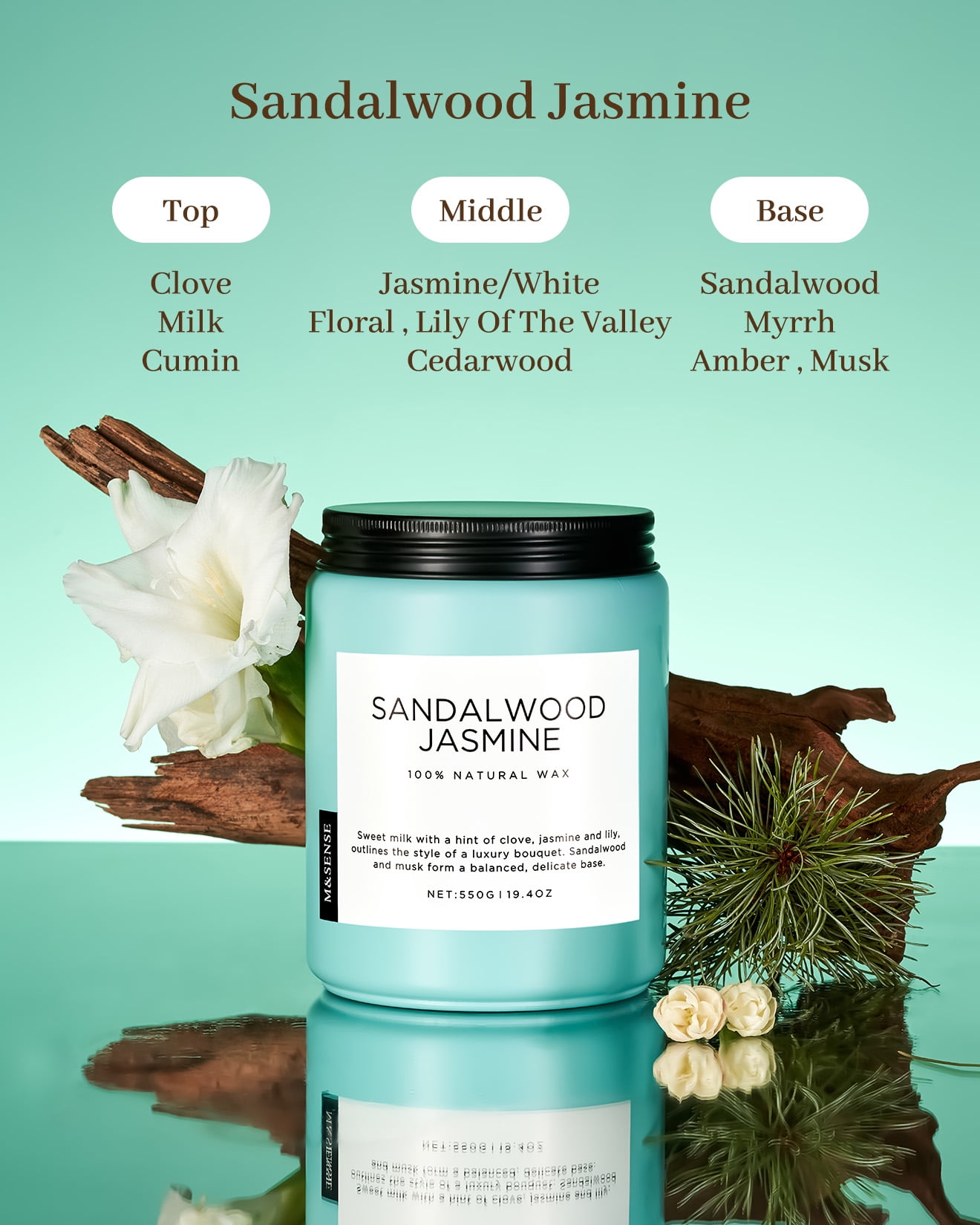 M&SENSE Sandalwood Jasmine Scented Candle, 19.4oz Soy Jar Candles for Home, Large 2 Wick, Up to 110 Hours Burn time, Natural Organic Fragrance - Image 2