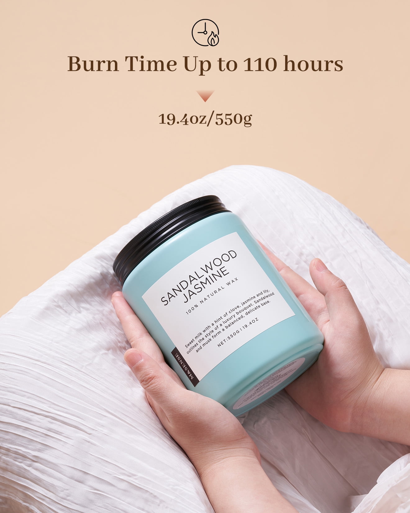 M&SENSE Sandalwood Jasmine Scented Candle, 19.4oz Soy Jar Candles for Home, Large 2 Wick, Up to 110 Hours Burn time, Natural Organic Fragrance - Image 4