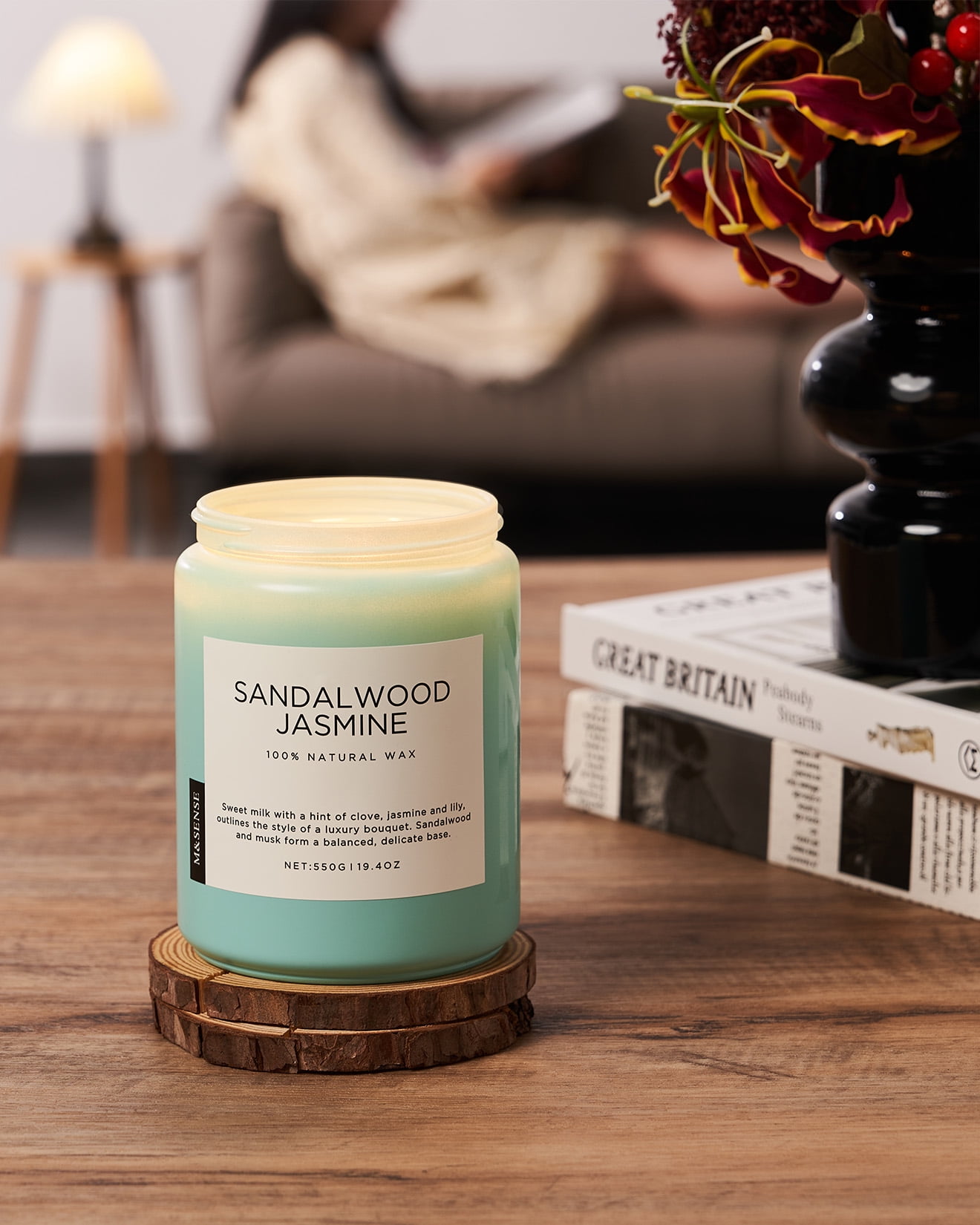 M&SENSE Sandalwood Jasmine Scented Candle, 19.4oz Soy Jar Candles for Home, Large 2 Wick, Up to 110 Hours Burn time, Natural Organic Fragrance - Image 6