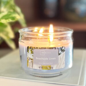 Mainstays 3-Wick Glass Jar Candle, Beachside Linen, Blue, 11.5 oz