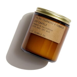 P.F. Candle Co. Standard Candle - Teakwood & Tobacco (7.2 oz Soy Wax, 40-50 Hour Burn Time, Amber Glass Jar)