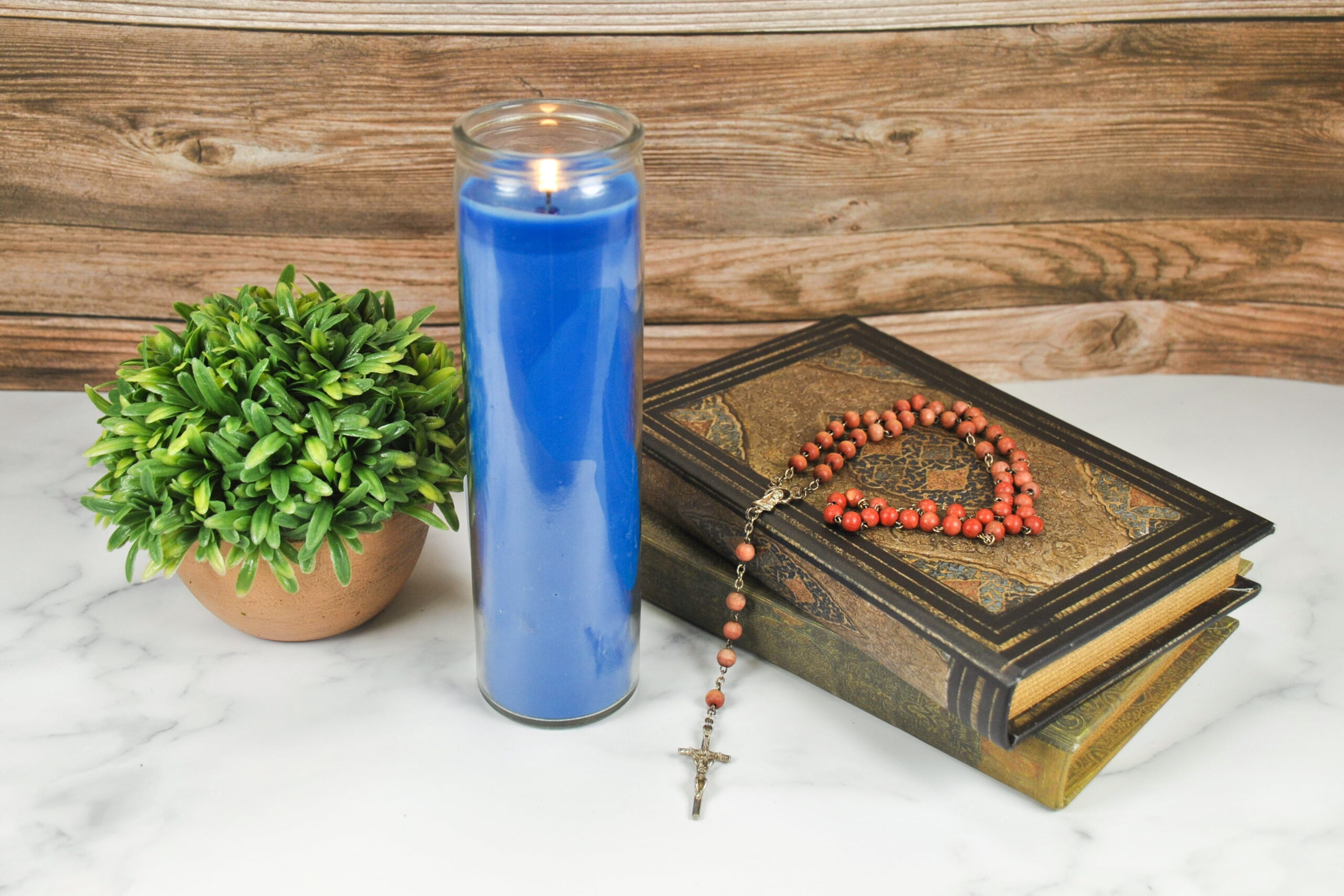 Prayer Candle Clear Glass Blue Wax, 8 Inch - Image 5