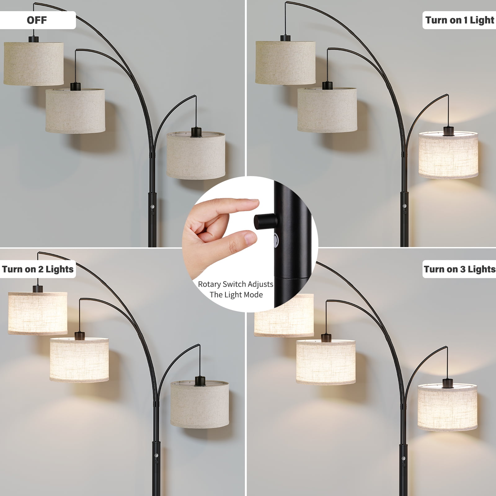 SUNMORY 3 Lights Floor Lamp for Living Room, 78" Tall Standing Lamp with Hanging Drum Shade, Modern Arc Floor Lamps with Heavy Base, Mid Century Arched Tree Floor Lamp for Bedroom, Office, Corner - Image 5