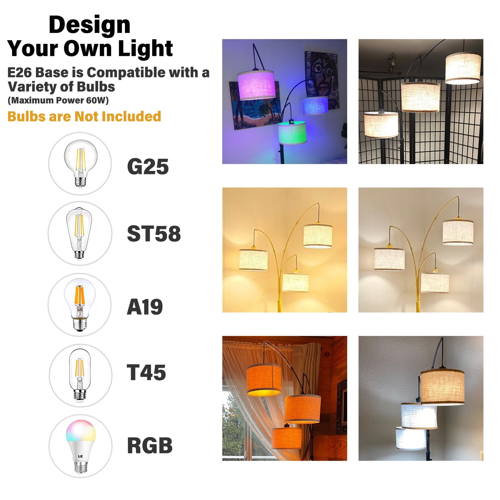 SUNMORY 3 Lights Floor Lamp for Living Room, 78" Tall Standing Lamp with Hanging Drum Shade, Modern Arc Floor Lamps with Heavy Base, Mid Century Arched Tree Floor Lamp for Bedroom, Office, Corner - Image 6