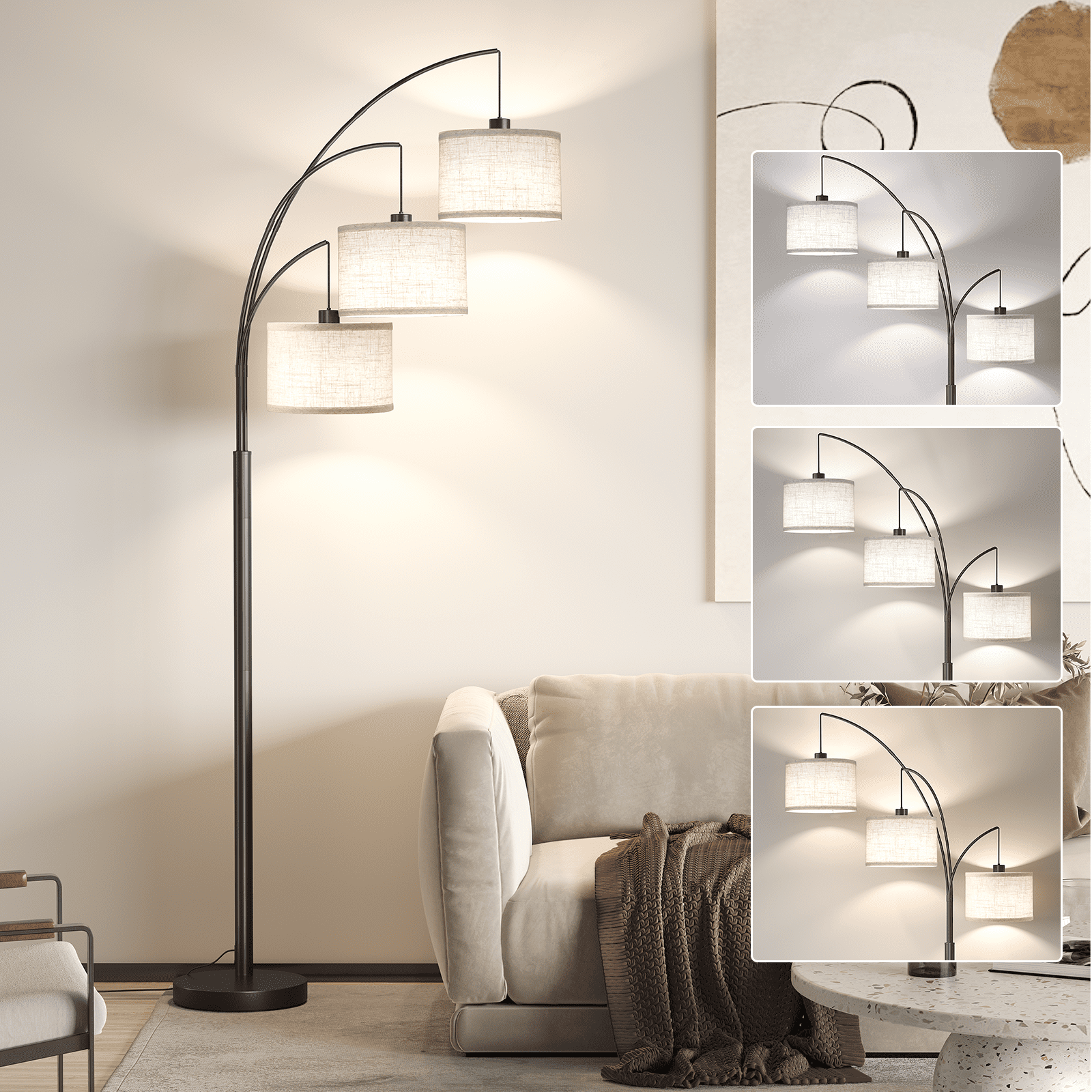 SUNMORY 3 Lights Floor Lamp for Living Room, 78" Tall Standing Lamp with Hanging Drum Shade, Modern Arc Floor Lamps with Heavy Base, Mid Century Arched Tree Floor Lamp for Bedroom, Office, Corner - Image 12