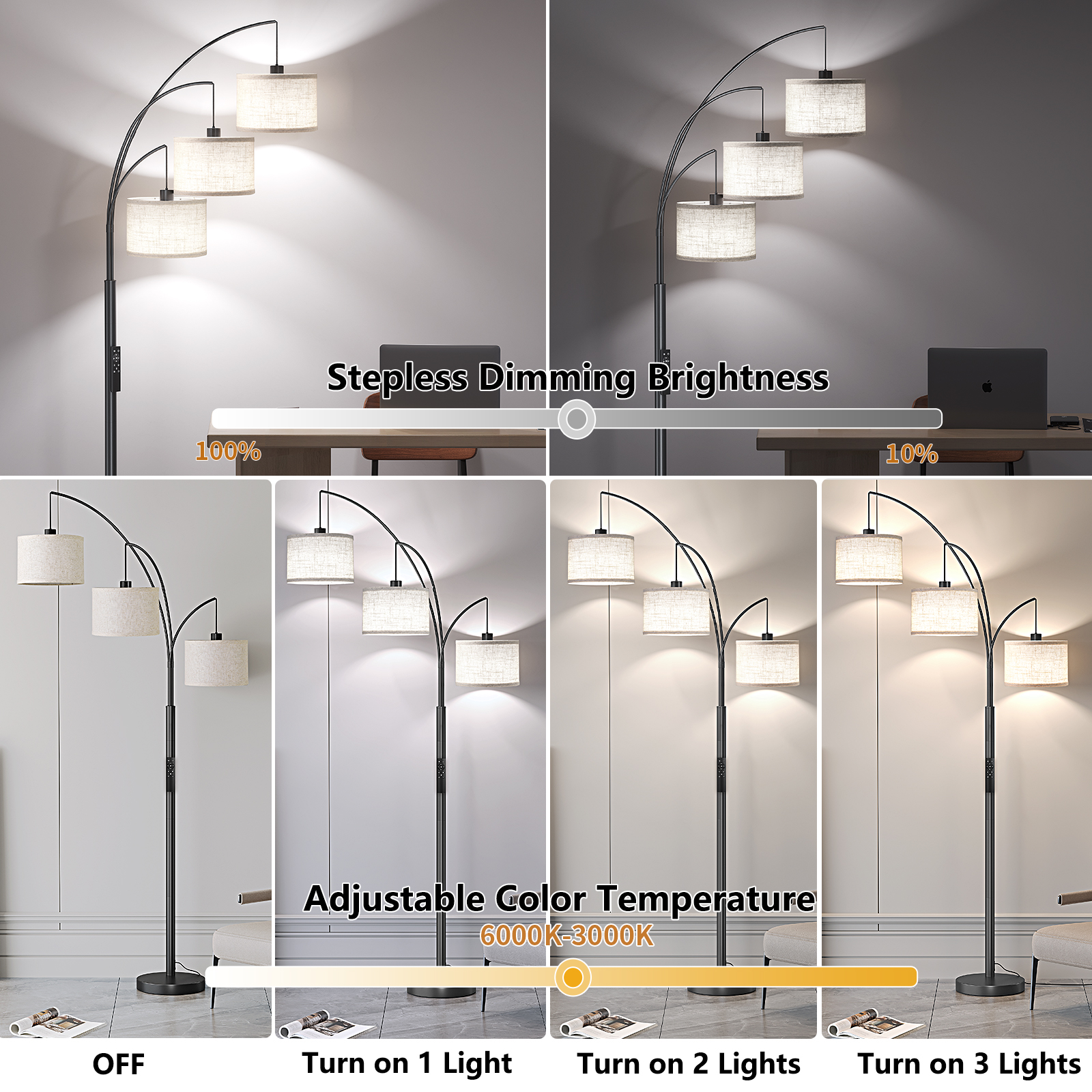 SUNMORY 3 Lights Floor Lamp for Living Room, 78" Tall Standing Lamp with Hanging Drum Shade, Modern Arc Floor Lamps with Heavy Base, Mid Century Arched Tree Floor Lamp for Bedroom, Office, Corner - Image 14
