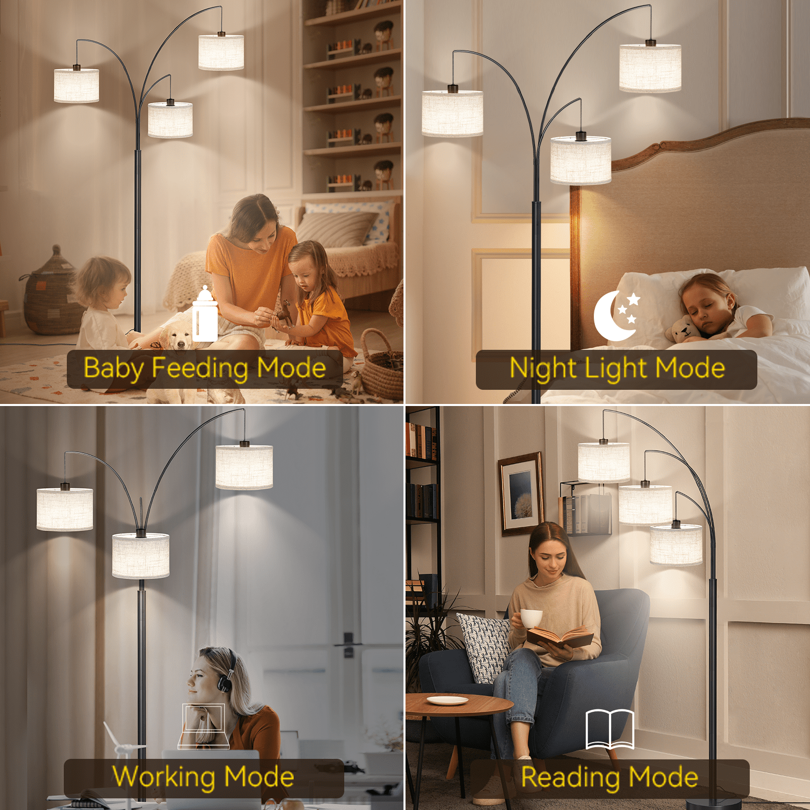 SUNMORY 3 Lights Floor Lamp for Living Room, 78" Tall Standing Lamp with Hanging Drum Shade, Modern Arc Floor Lamps with Heavy Base, Mid Century Arched Tree Floor Lamp for Bedroom, Office, Corner - Image 15