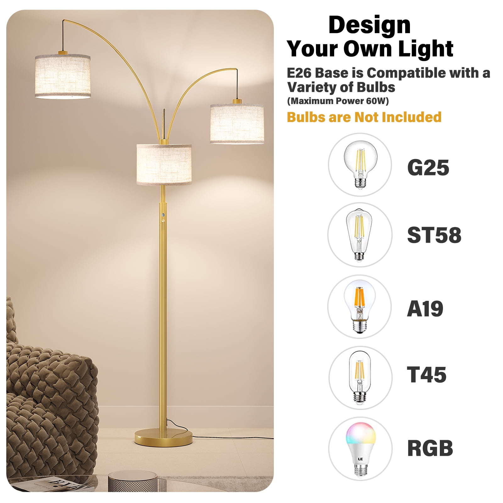 SUNMORY 3 Lights Floor Lamp for Living Room, 78" Tall Standing Lamp with Hanging Drum Shade, Modern Arc Floor Lamps with Heavy Base, Mid Century Arched Tree Floor Lamp for Bedroom, Office, Corner - Image 21