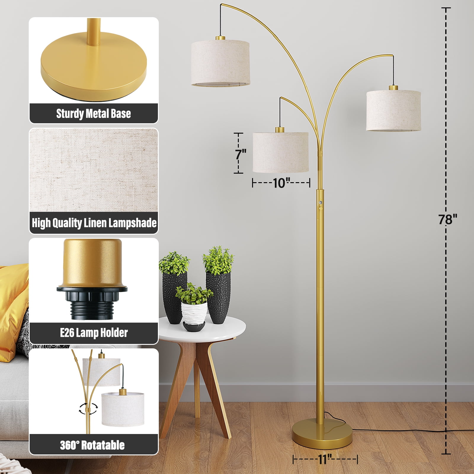 SUNMORY 3 Lights Floor Lamp for Living Room, 78" Tall Standing Lamp with Hanging Drum Shade, Modern Arc Floor Lamps with Heavy Base, Mid Century Arched Tree Floor Lamp for Bedroom, Office, Corner - Image 22