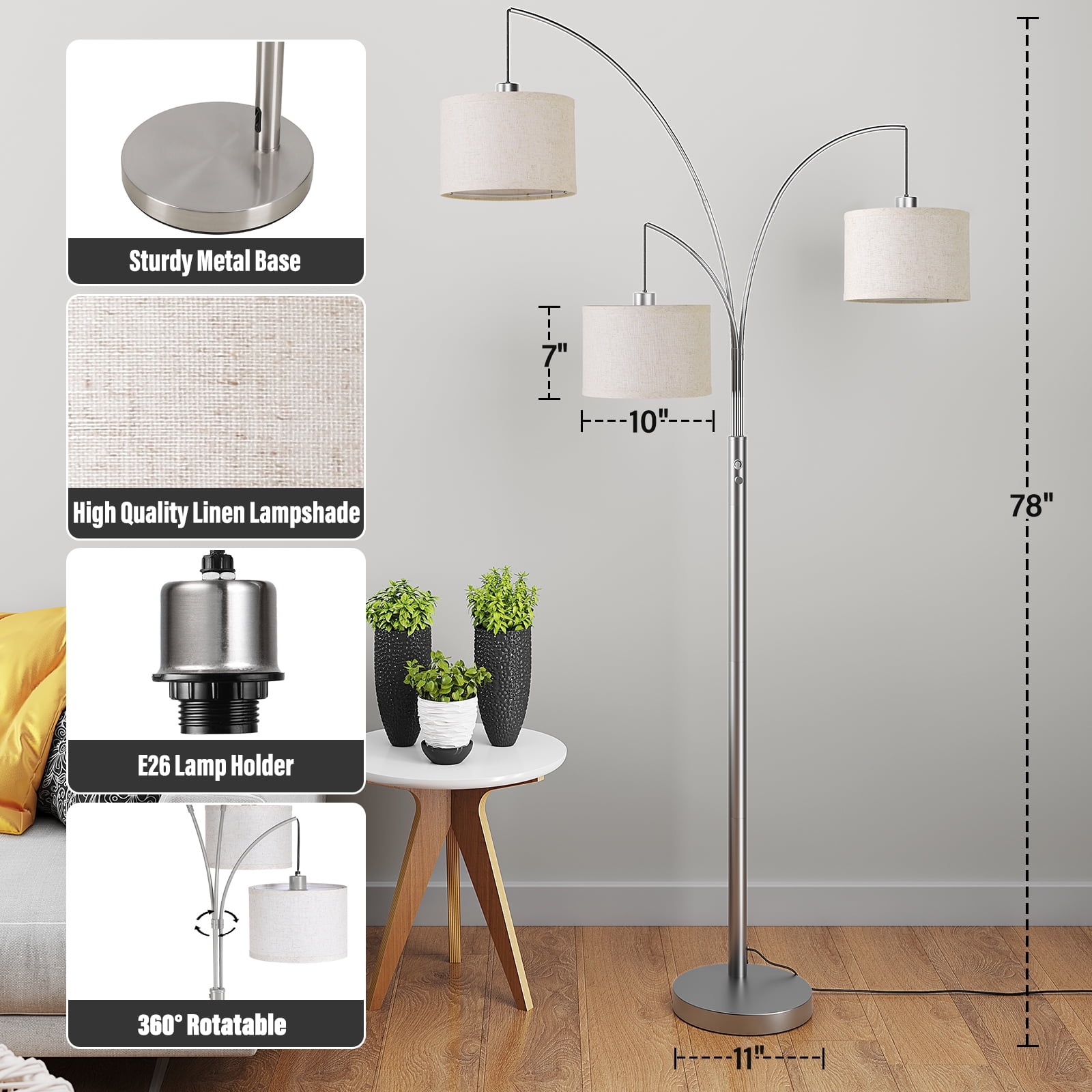 SUNMORY 3 Lights Floor Lamp for Living Room, 78" Tall Standing Lamp with Hanging Drum Shade, Modern Arc Floor Lamps with Heavy Base, Mid Century Arched Tree Floor Lamp for Bedroom, Office, Corner - Image 27