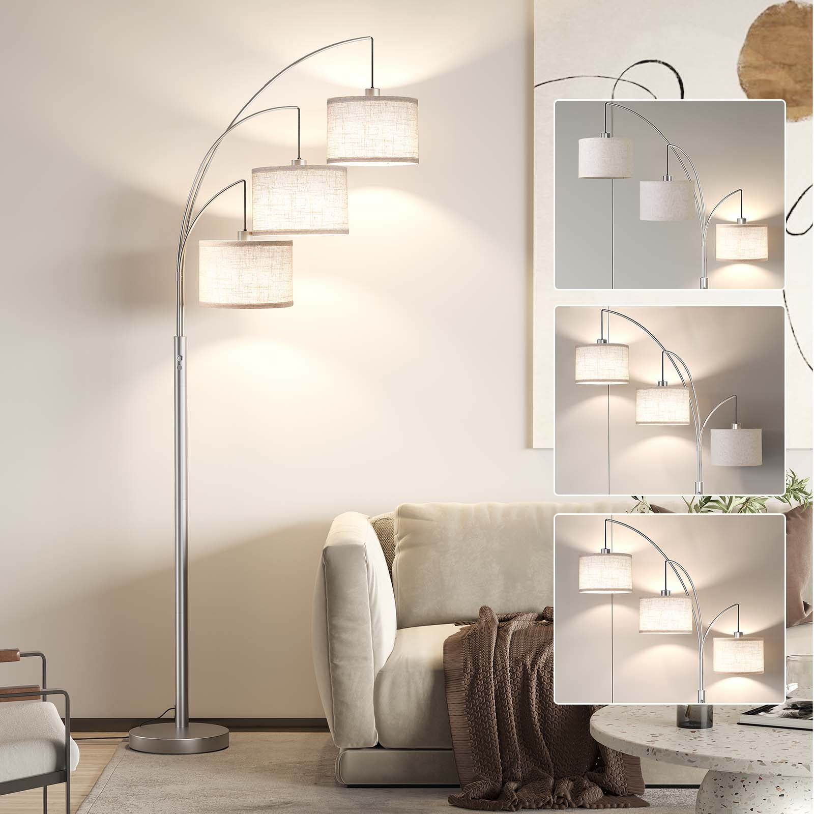 SUNMORY 3 Lights Floor Lamp for Living Room, 78" Tall Standing Lamp with Hanging Drum Shade, Modern Arc Floor Lamps with Heavy Base, Mid Century Arched Tree Floor Lamp for Bedroom, Office, Corner - Image 31
