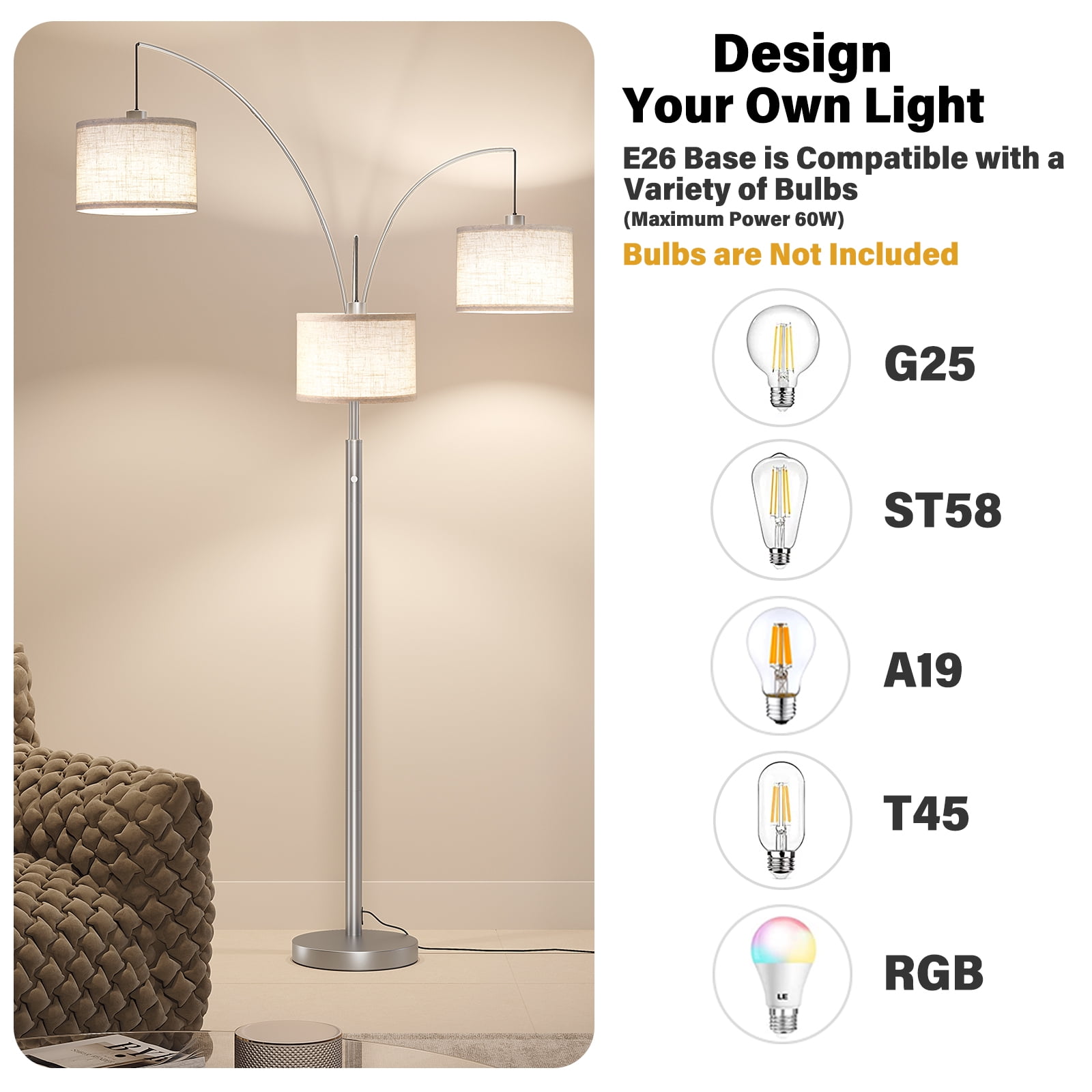 SUNMORY 3 Lights Floor Lamp for Living Room, 78" Tall Standing Lamp with Hanging Drum Shade, Modern Arc Floor Lamps with Heavy Base, Mid Century Arched Tree Floor Lamp for Bedroom, Office, Corner - Image 34