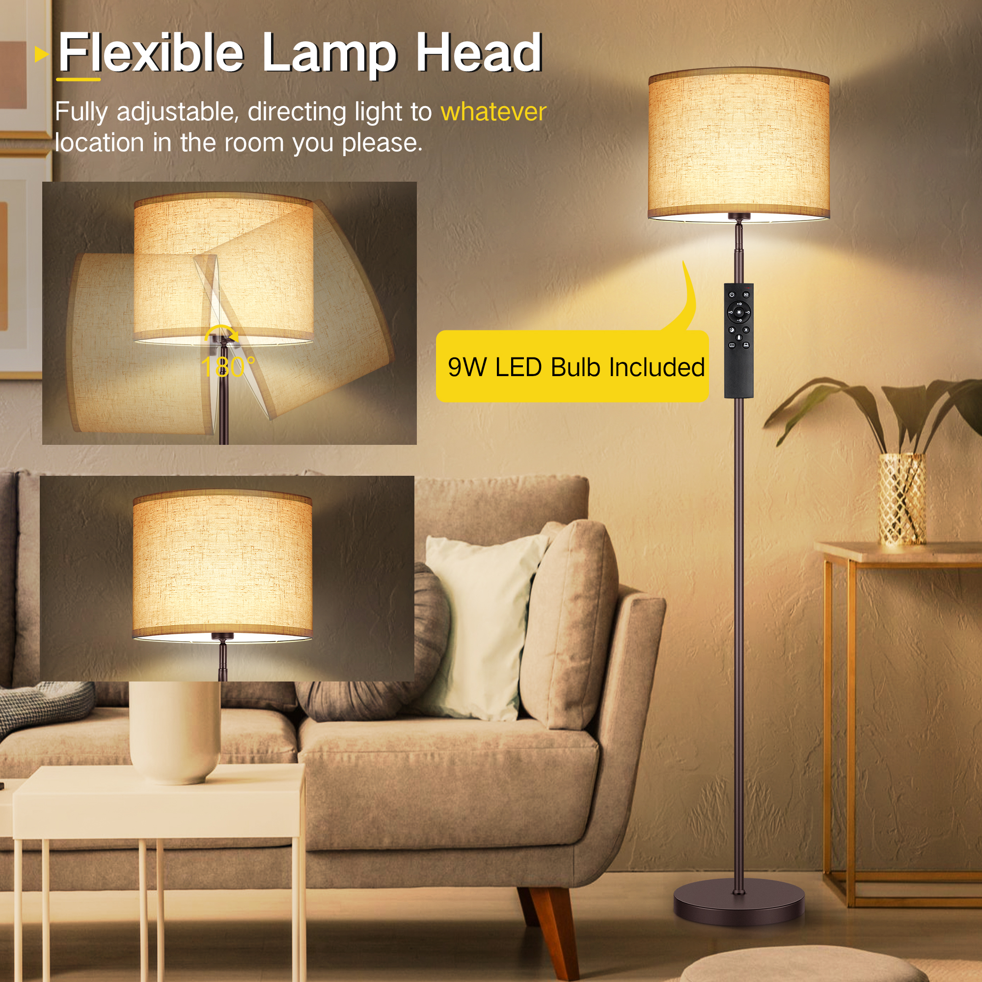 OUTON Modern Floor Lamps for Living Room, 63" Standing Lamp with Linen Shade, Tall Pole Lamps for Bedroom, Office,Brown,Bulb Included - Image 3