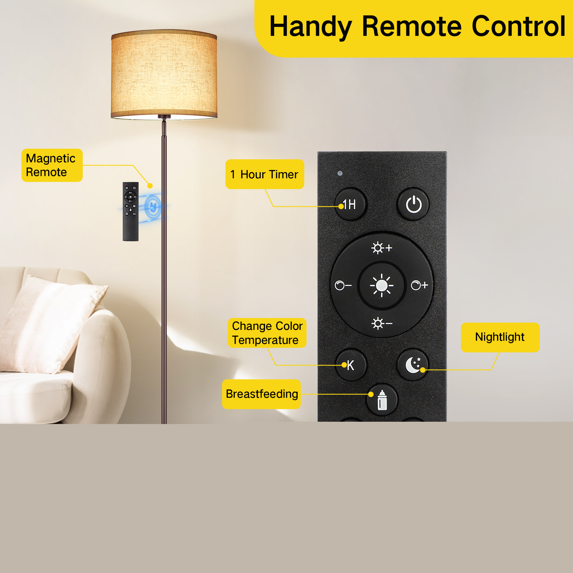 OUTON Modern Floor Lamps for Living Room, 63" Standing Lamp with Linen Shade, Tall Pole Lamps for Bedroom, Office,Brown,Bulb Included - Image 6