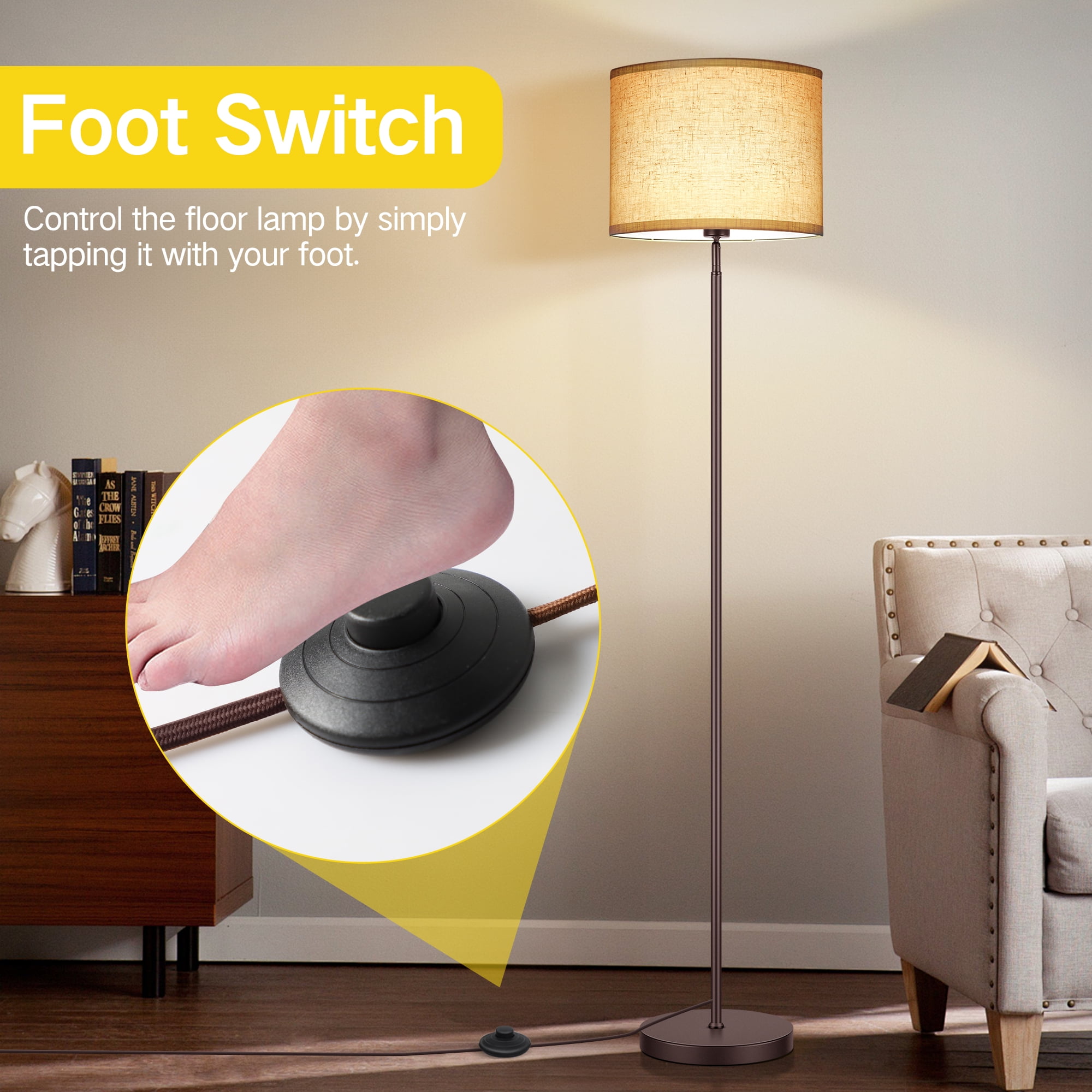 OUTON Modern Floor Lamps for Living Room, 63" Standing Lamp with Linen Shade, Tall Pole Lamps for Bedroom, Office,Brown,Bulb Included - Image 7