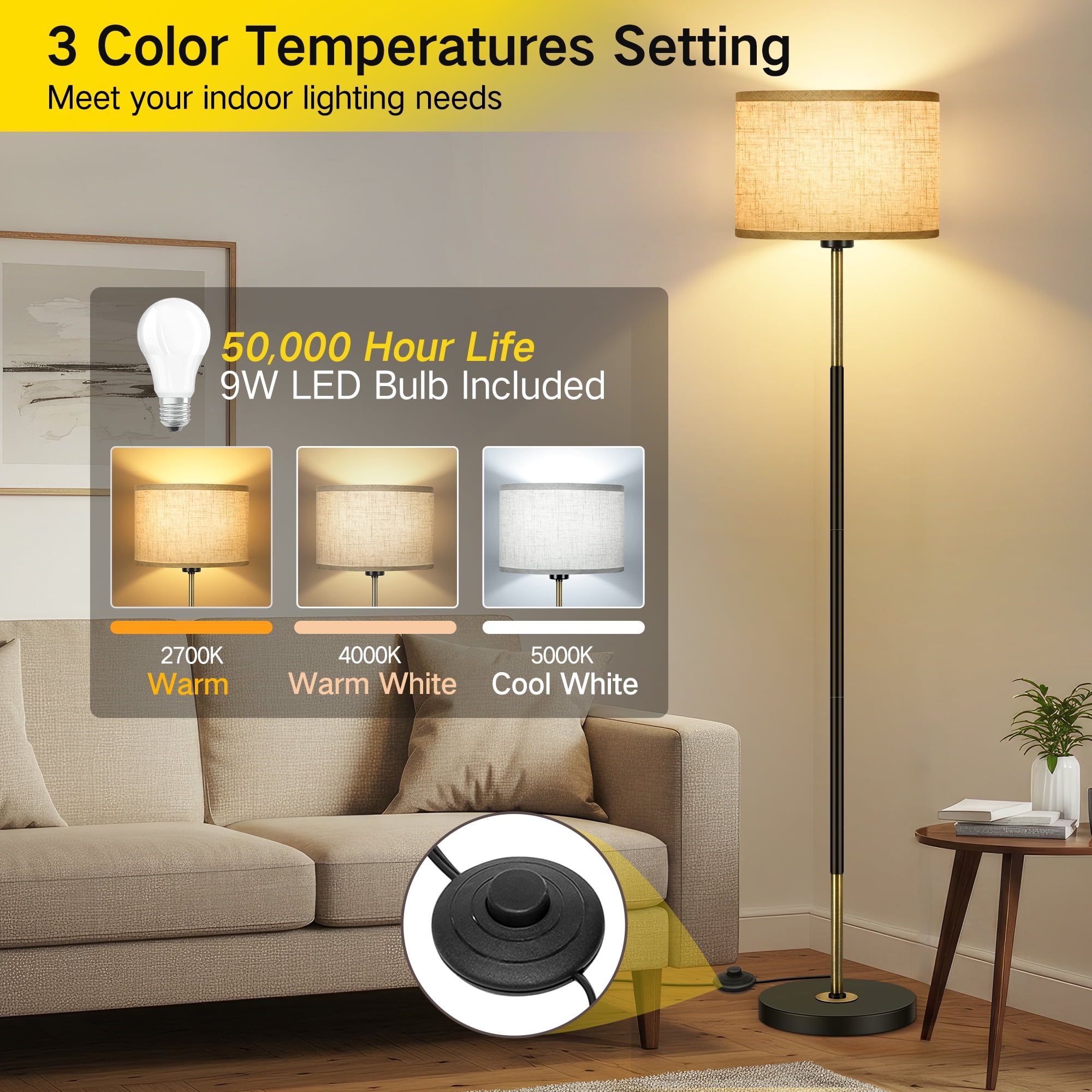 OUTON Modern Floor Lamps for Living Room, 63" Standing Lamp with Linen Shade, Tall Pole Lamps for Bedroom, Office,Brown,Bulb Included - Image 13