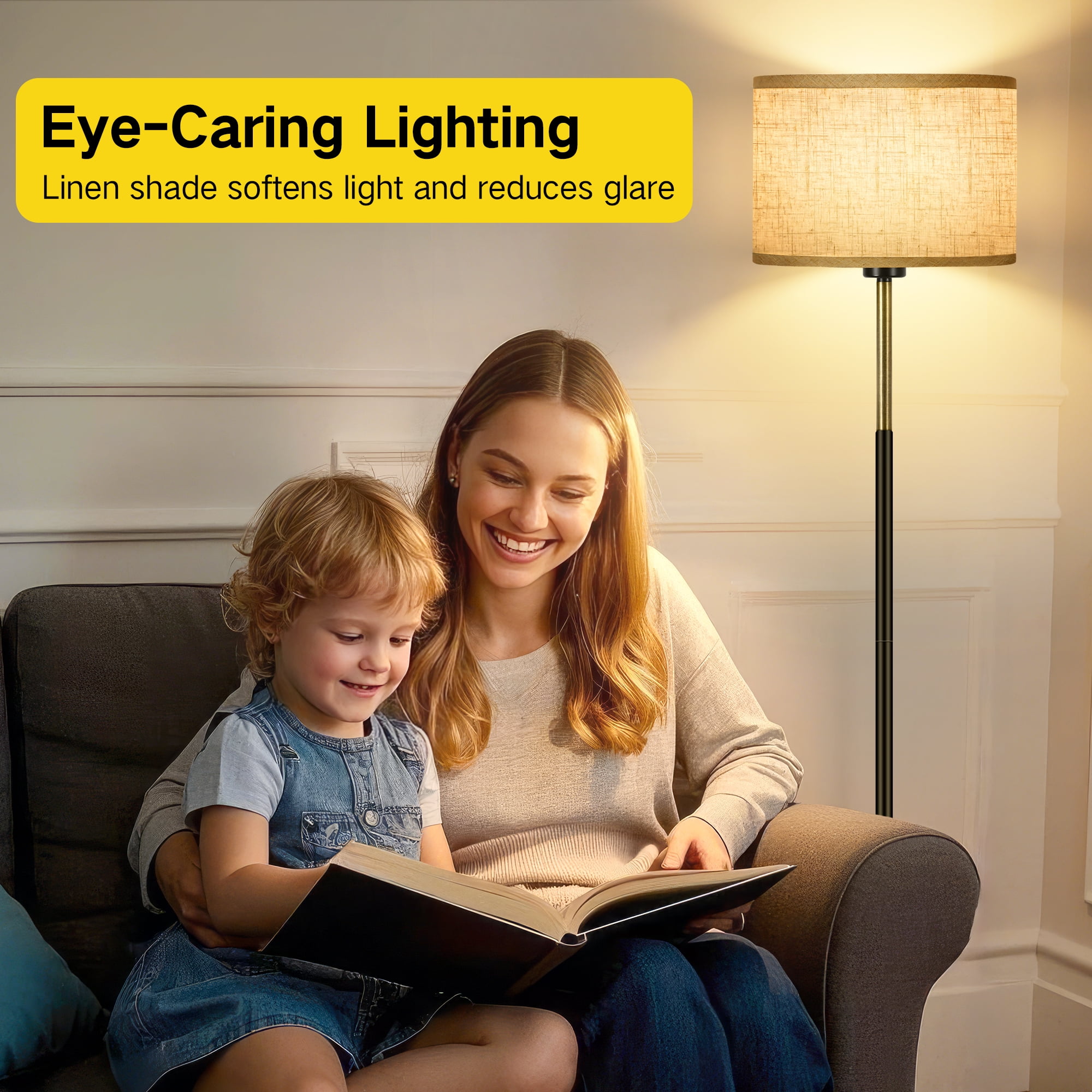 OUTON Modern Floor Lamps for Living Room, 63" Standing Lamp with Linen Shade, Tall Pole Lamps for Bedroom, Office,Brown,Bulb Included - Image 15