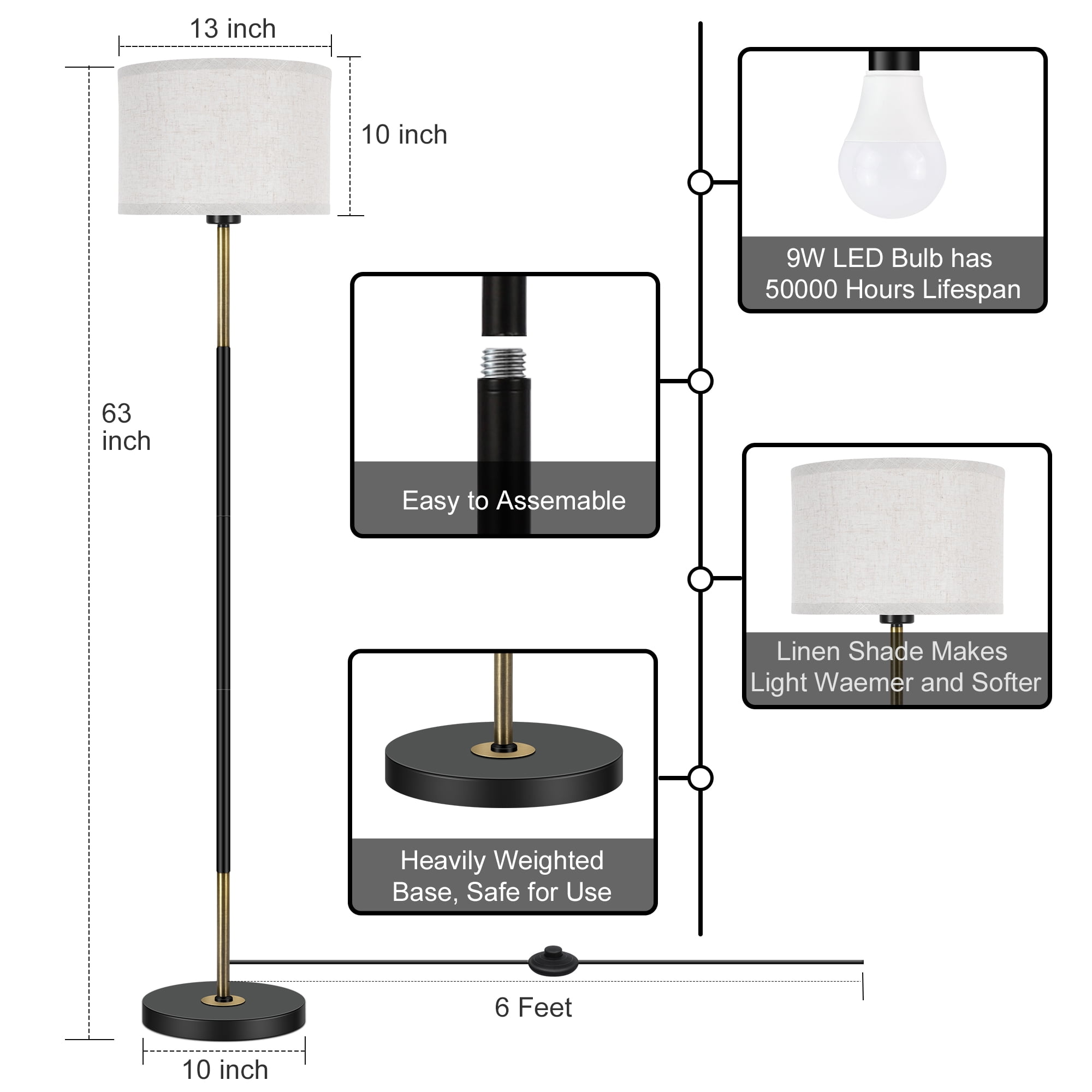 OUTON Modern Floor Lamps for Living Room, 63" Standing Lamp with Linen Shade, Tall Pole Lamps for Bedroom, Office,Brown,Bulb Included - Image 17