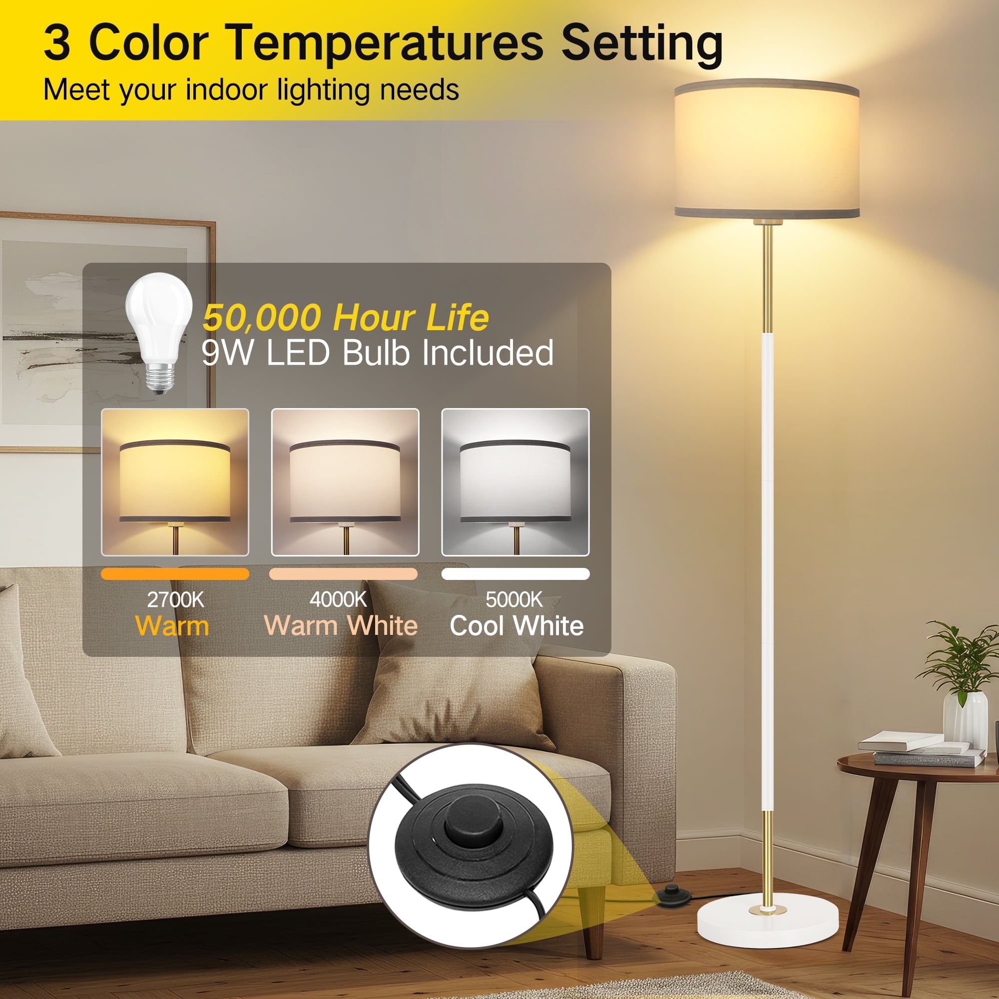 OUTON Modern Floor Lamps for Living Room, 63" Standing Lamp with Linen Shade, Tall Pole Lamps for Bedroom, Office,Brown,Bulb Included - Image 20