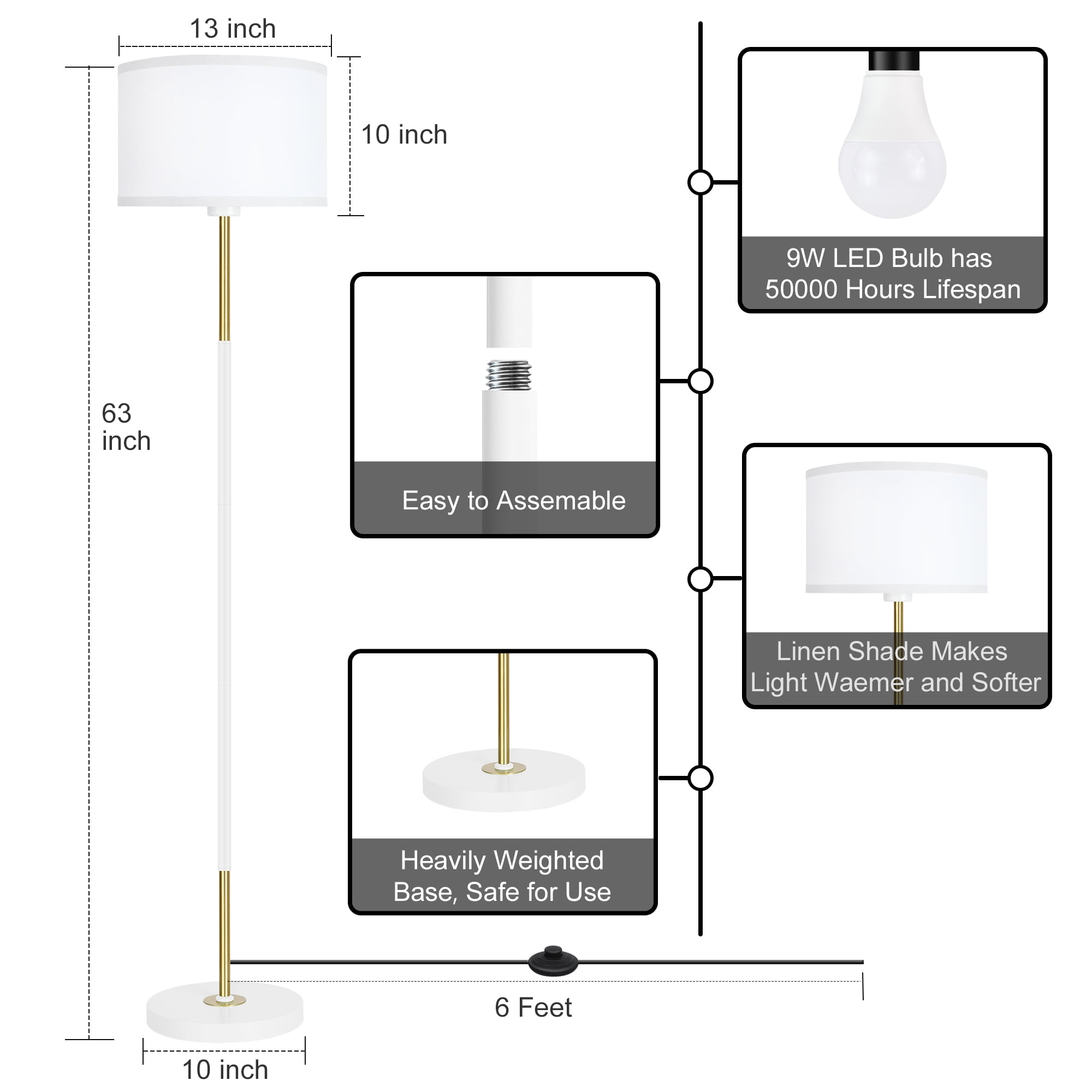OUTON Modern Floor Lamps for Living Room, 63" Standing Lamp with Linen Shade, Tall Pole Lamps for Bedroom, Office,Brown,Bulb Included - Image 24