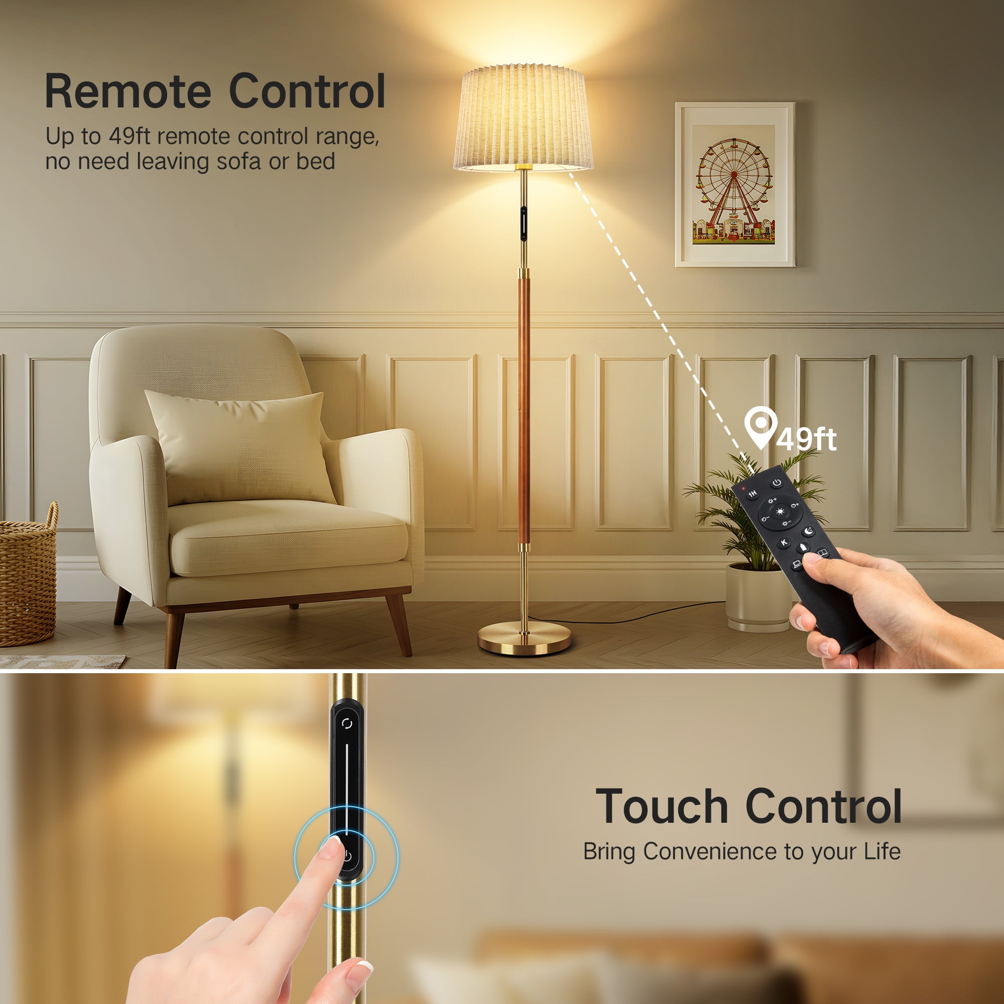 OUTON Modern Floor Lamps for Living Room, 63" Standing Lamp with Linen Shade, Tall Pole Lamps for Bedroom, Office,Brown,Bulb Included - Image 34