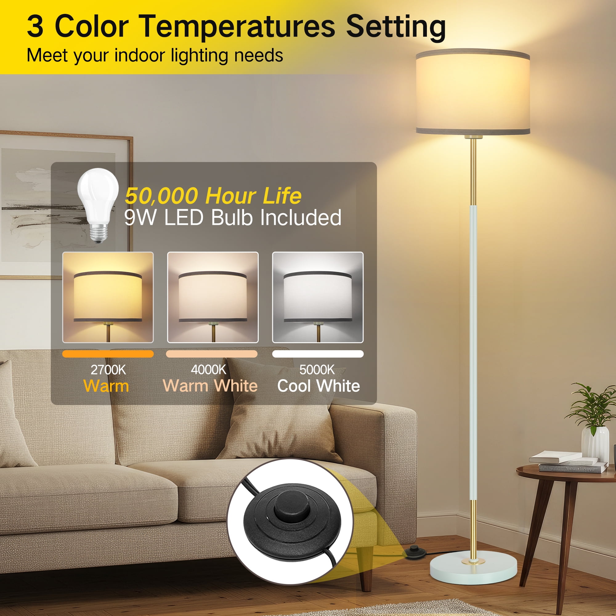 OUTON Modern Floor Lamps for Living Room, 63" Standing Lamp with Linen Shade, Tall Pole Lamps for Bedroom, Office,Brown,Bulb Included - Image 36