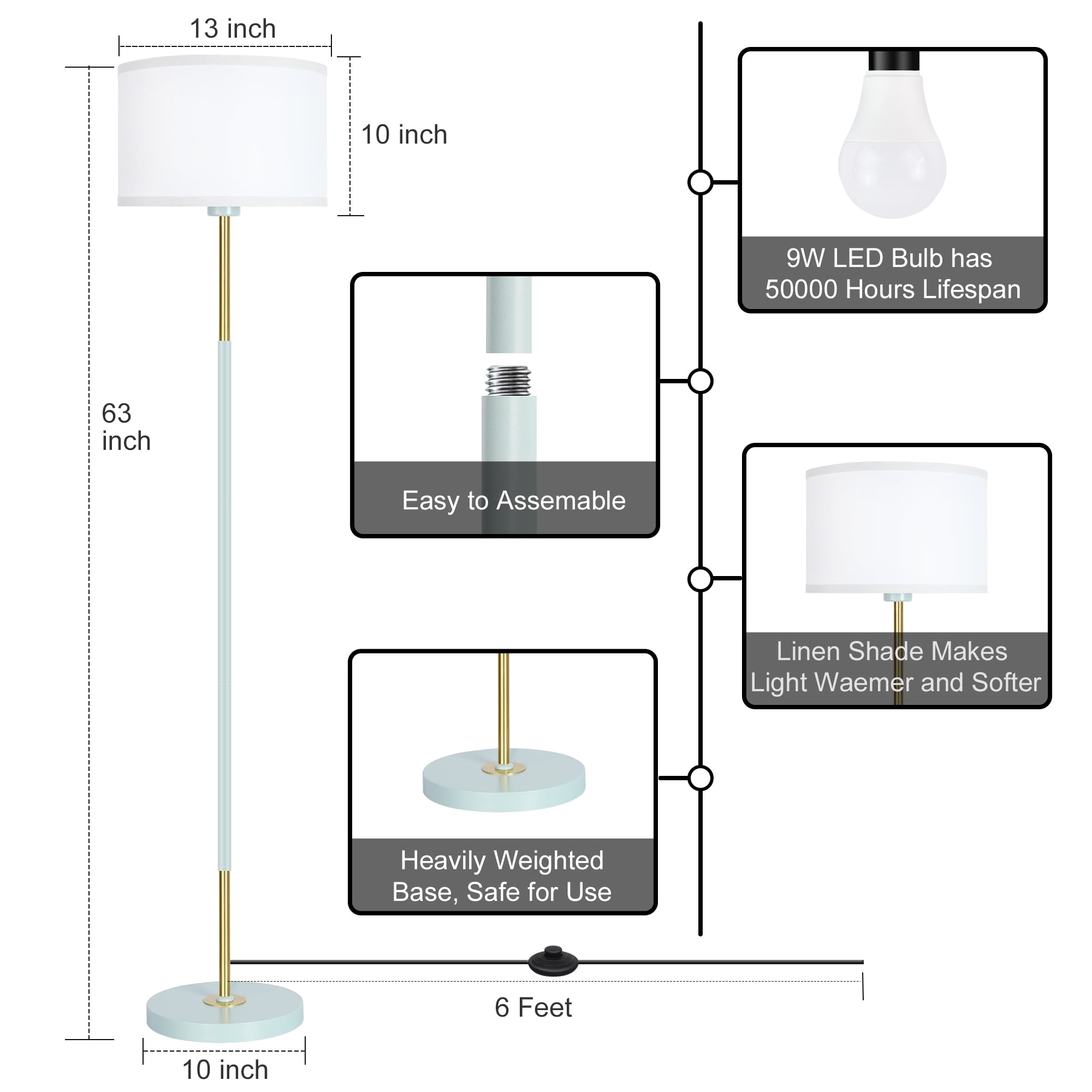 OUTON Modern Floor Lamps for Living Room, 63" Standing Lamp with Linen Shade, Tall Pole Lamps for Bedroom, Office,Brown,Bulb Included - Image 40