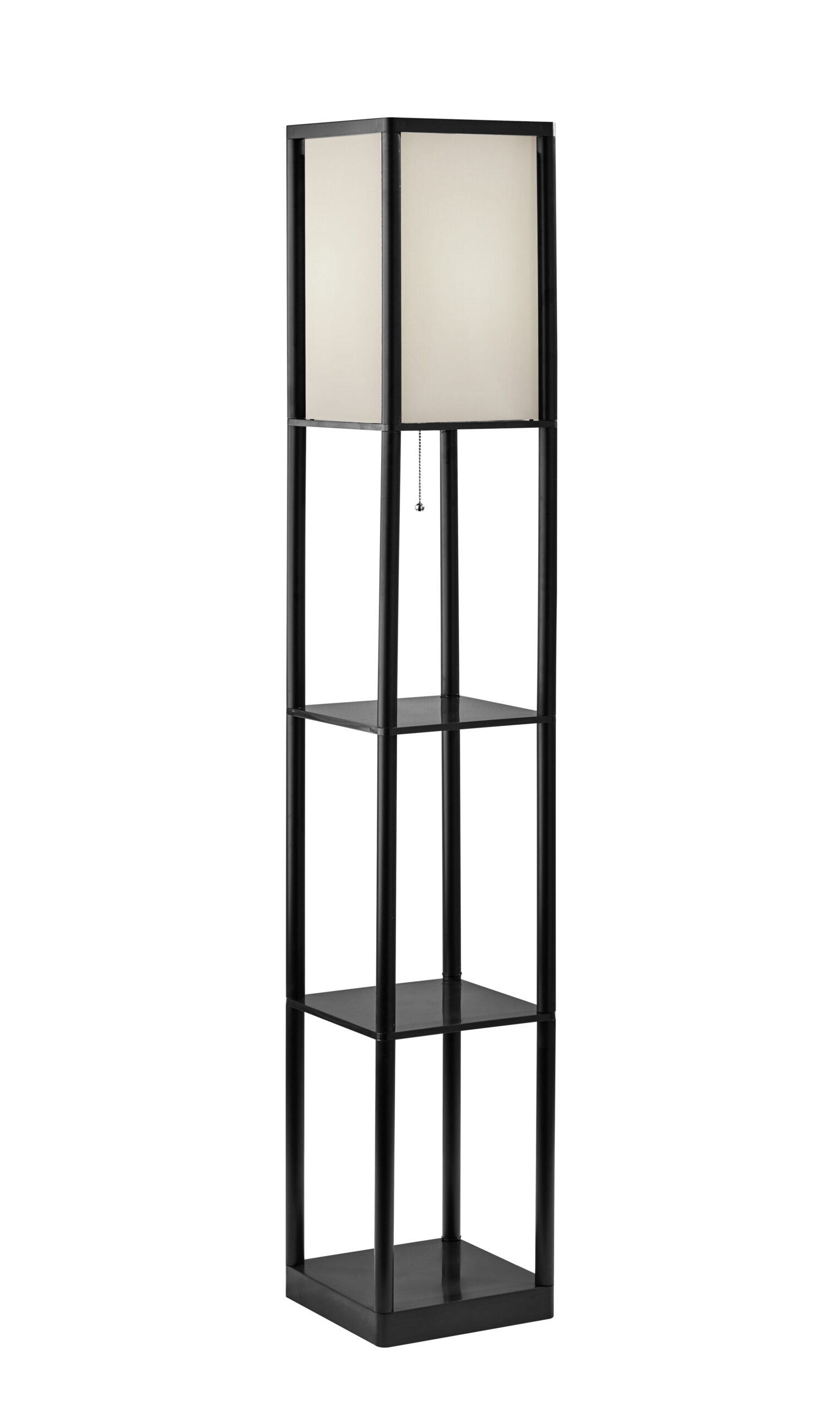 Mainstays 62" Plastic Black Shelf Floor Lamp, Sustainable White Fabric Shade ,Modern Design, New Condition, Adult and Dorm Room Use