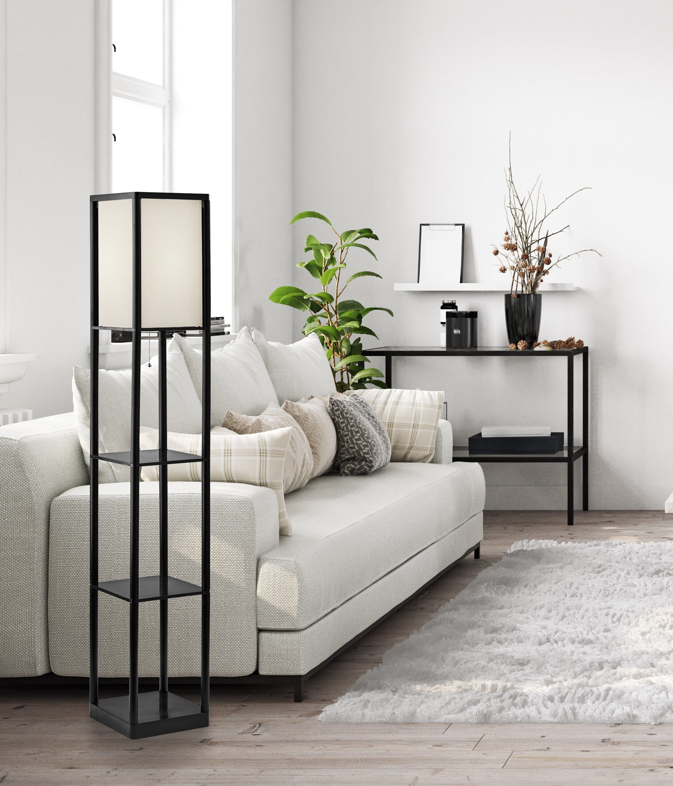 Mainstays 62" Plastic Black Shelf Floor Lamp, Sustainable White Fabric Shade ,Modern Design, New Condition, Adult and Dorm Room Use - Image 3